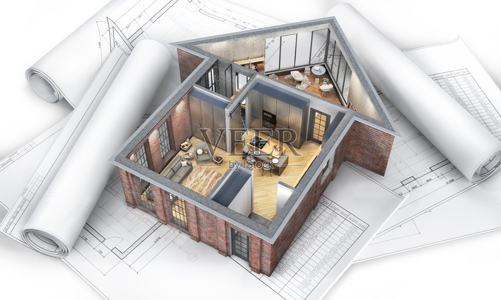 在白色背景和蓝图上的房子的形式的内部切片房子。三维演示照片摄影图片