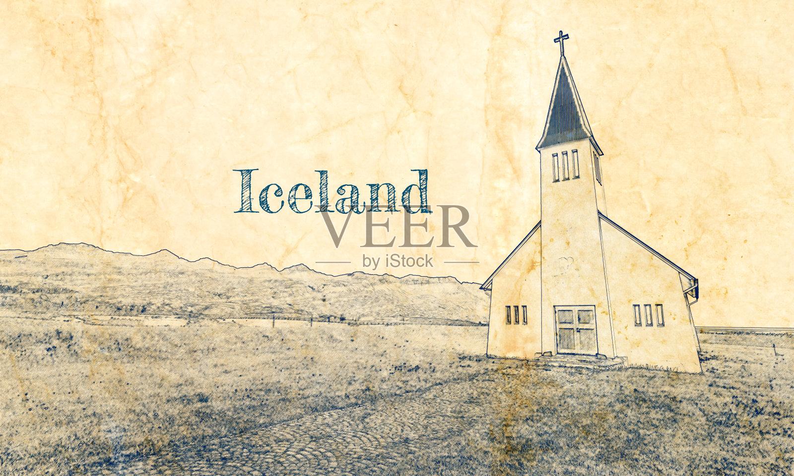 冰岛山上的小教堂，旧纸上的素描插画图片素材