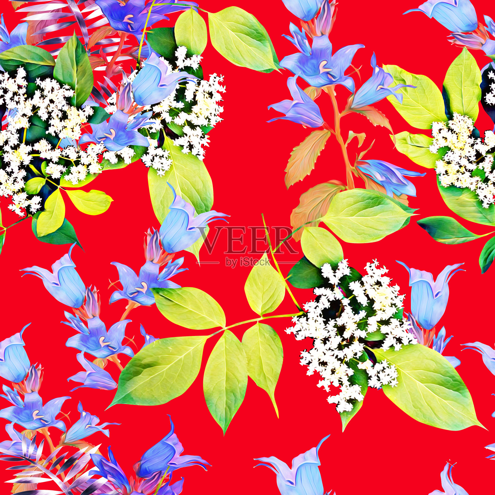 钟花与接骨木，图案无缝。插画图片素材