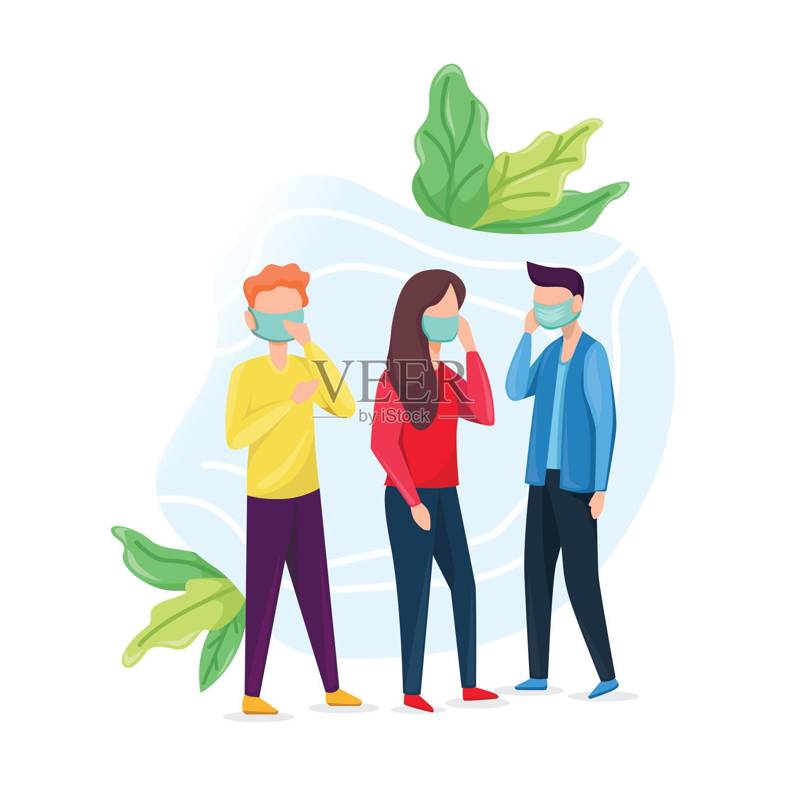 一群人戴着医用口罩插画图片素材