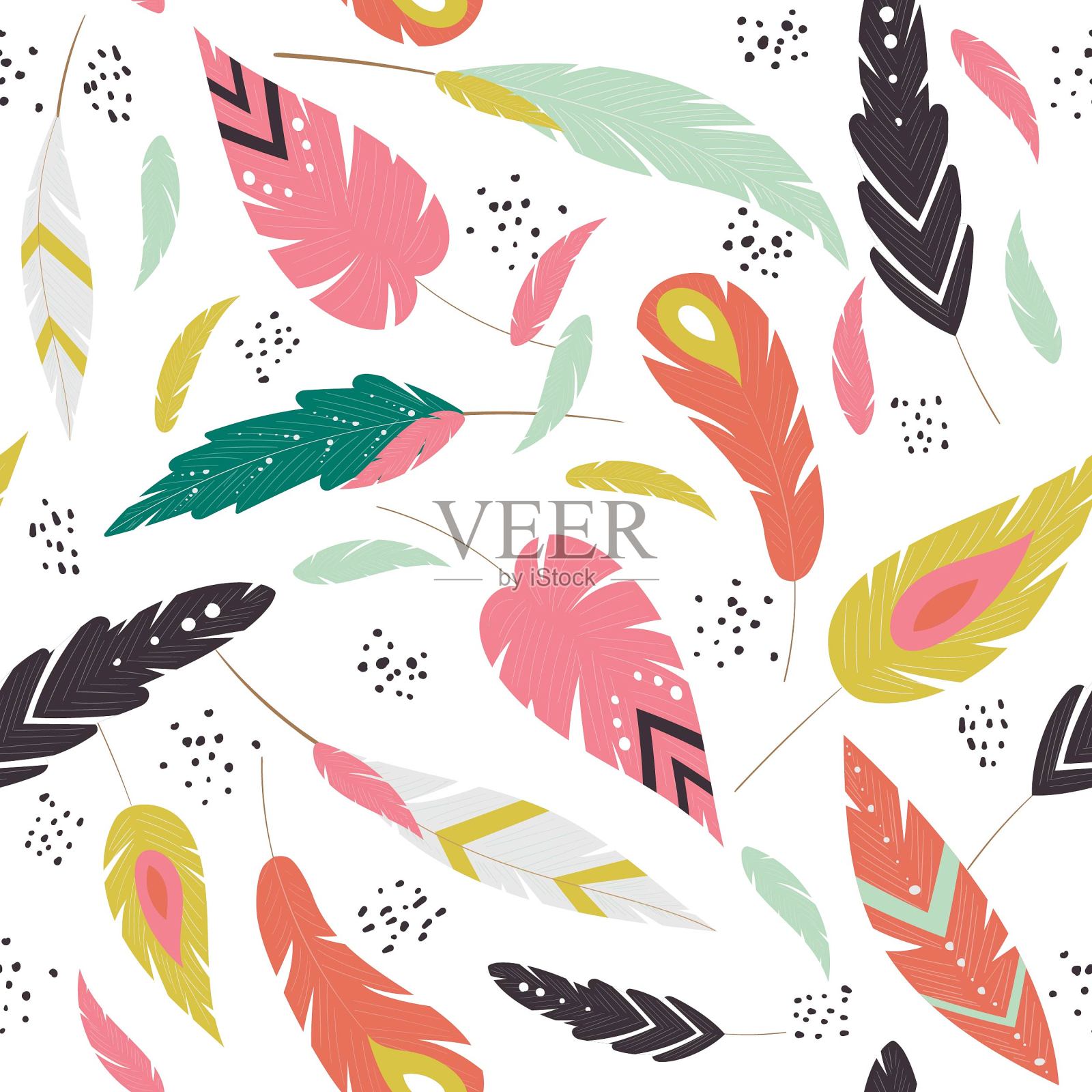 无缝矢量图案与彩色羽毛插画图片素材