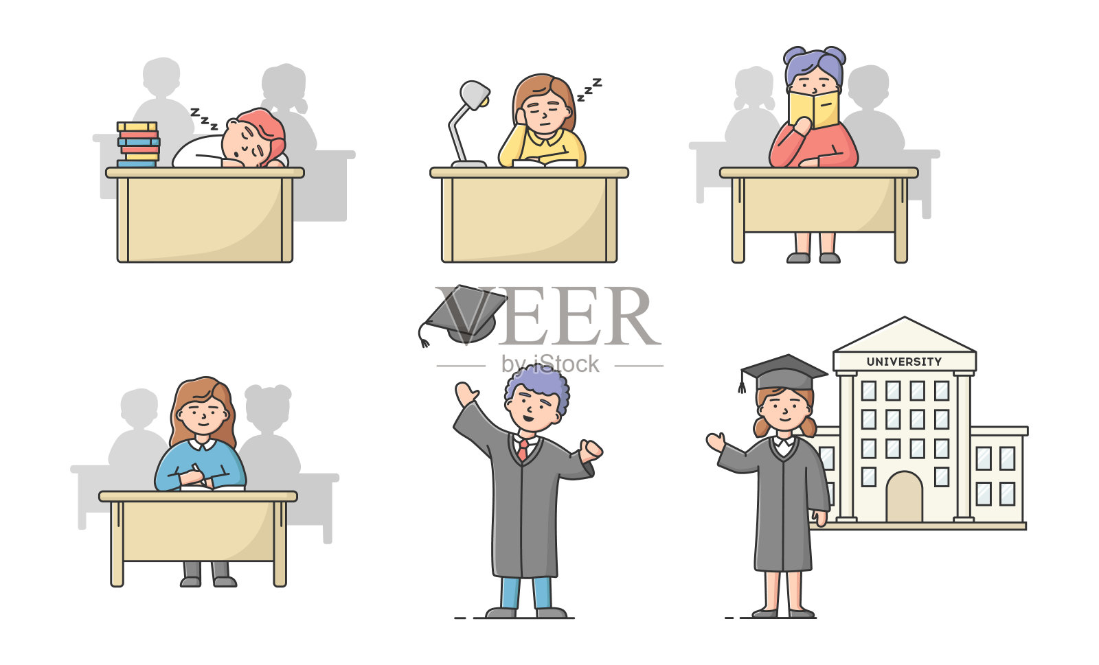 高中毕业，大学课程概念。一组学生青少年在不同的情况。男孩和女孩学习，从大学毕业。卡通线性轮廓平面矢量插图设计元素图片