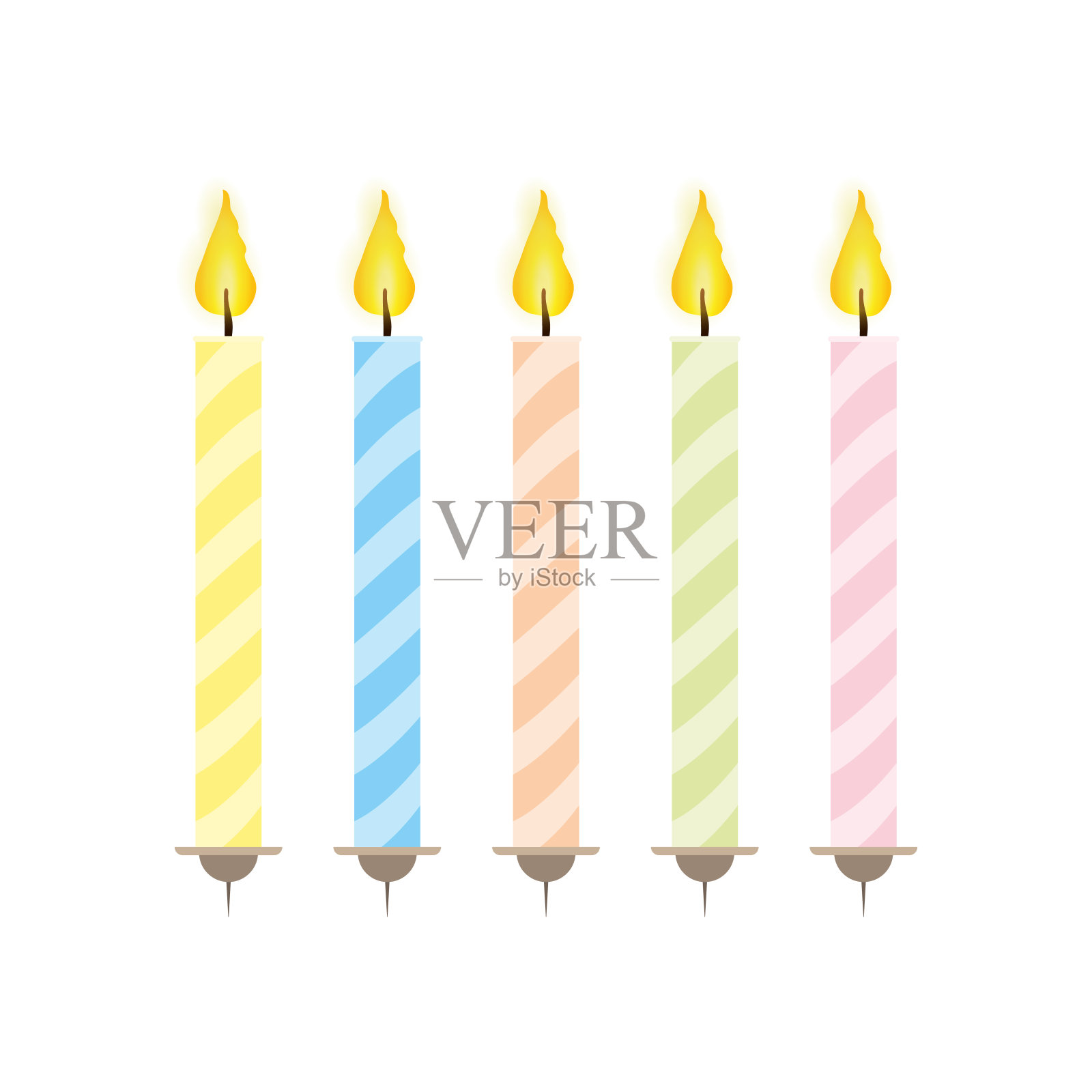 一套节日蜡烛在一个平坦的风格。蜡烛蛋糕孤立在白色背景。向量。插画图片素材