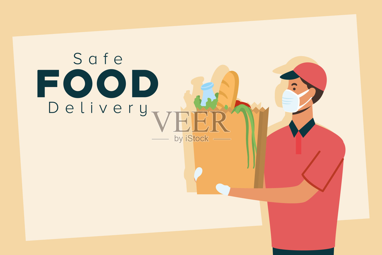 带杂货袋的安全送餐员插画图片素材