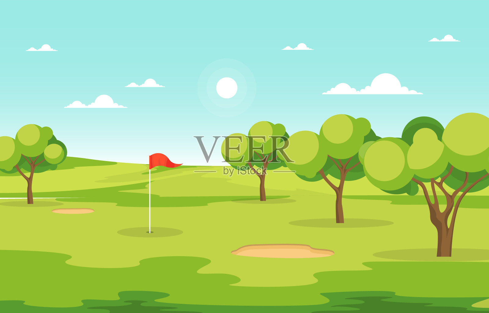 高尔夫球场旗绿草树户外运动景观插画图片素材