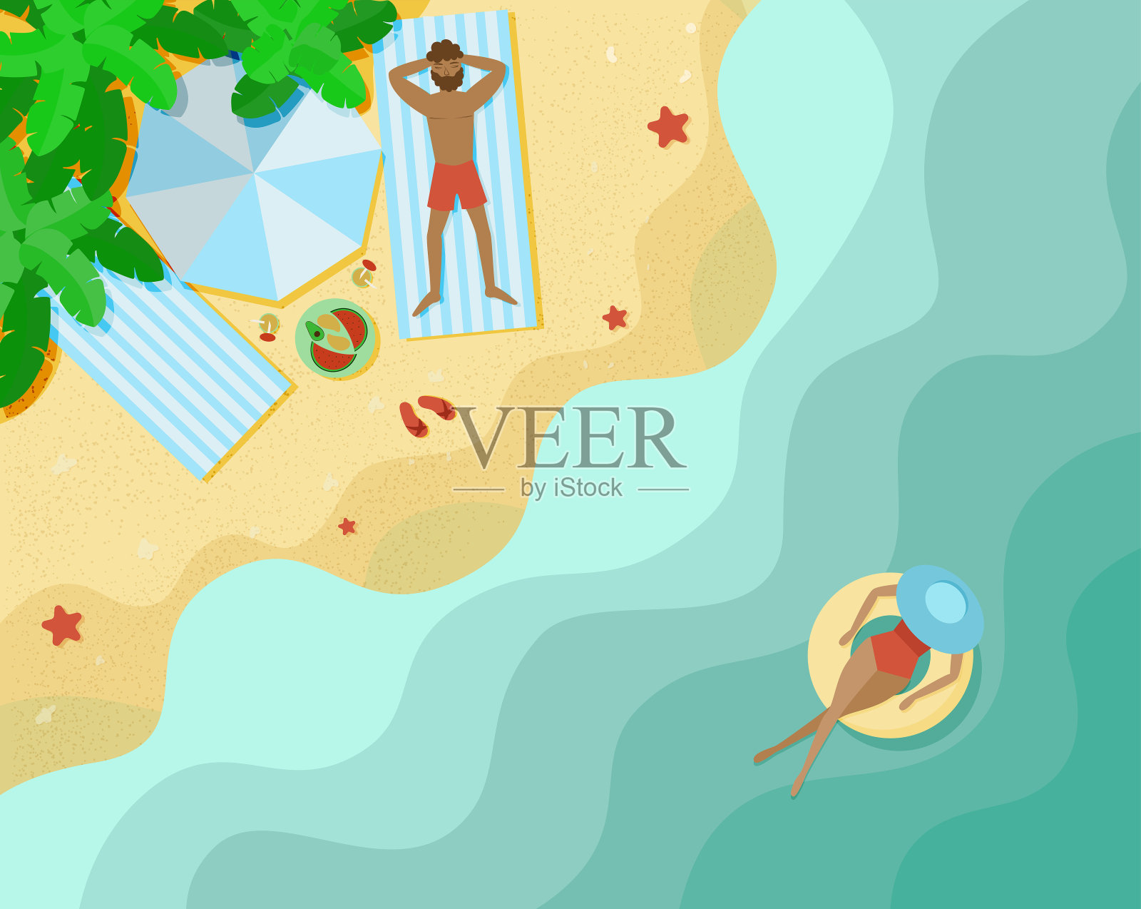 一对家庭夫妇在海滩上放松。在海浪中漂浮在橡胶圈上的女士。矢量插图组织在层，便于编辑插画图片素材