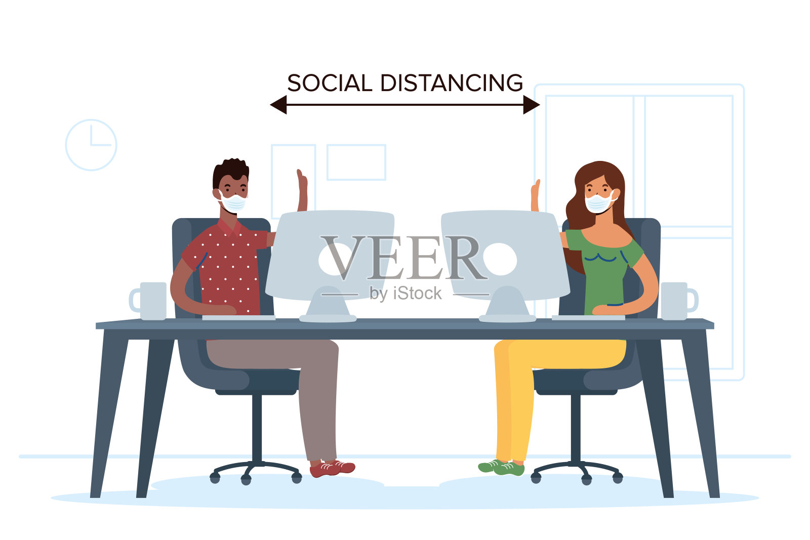 跨种族情侣在工作场所戴医用口罩并保持社交距离插画图片素材
