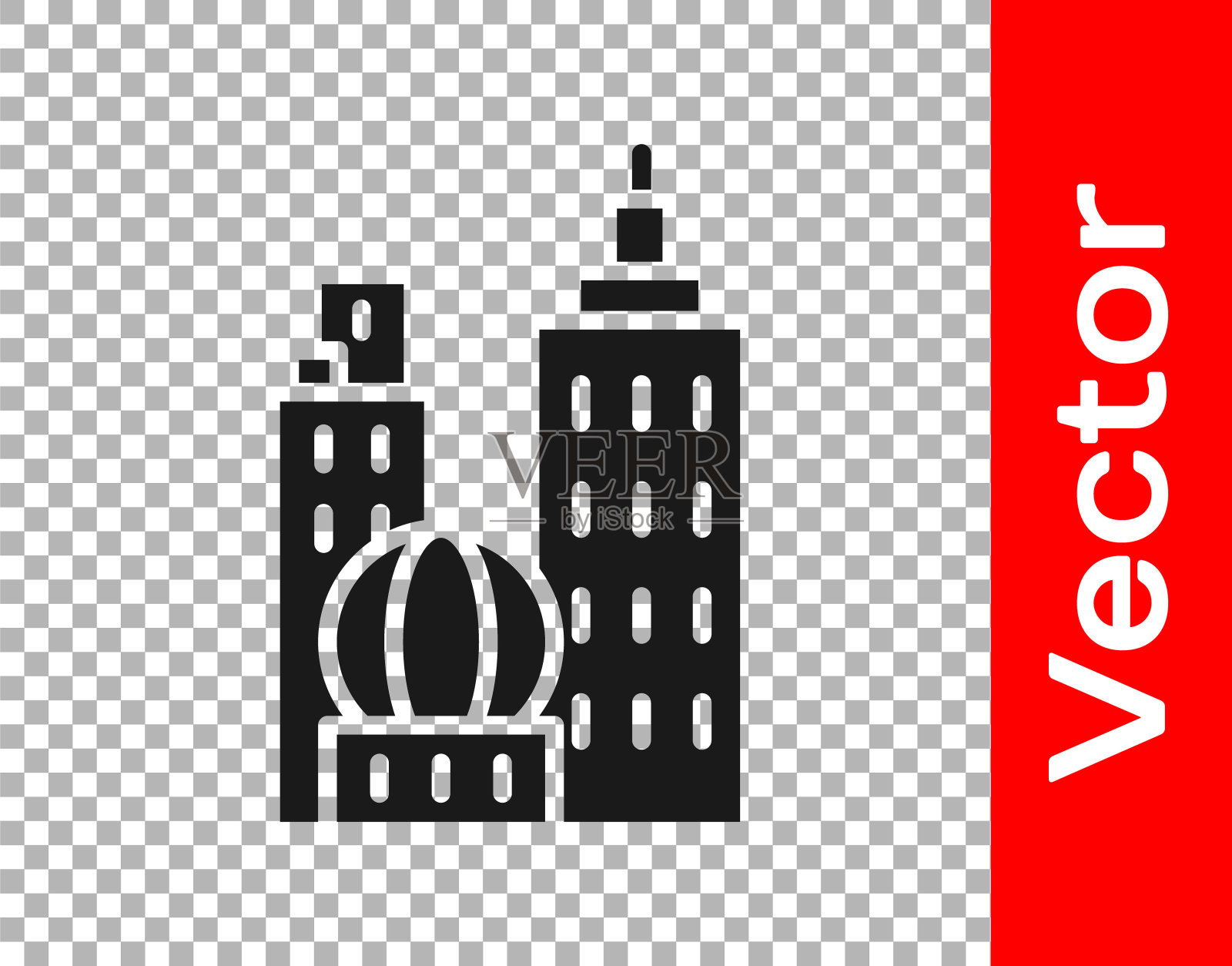 黑色城市景观图标孤立在透明的背景。都市建筑全景景观。矢量图插画图片素材