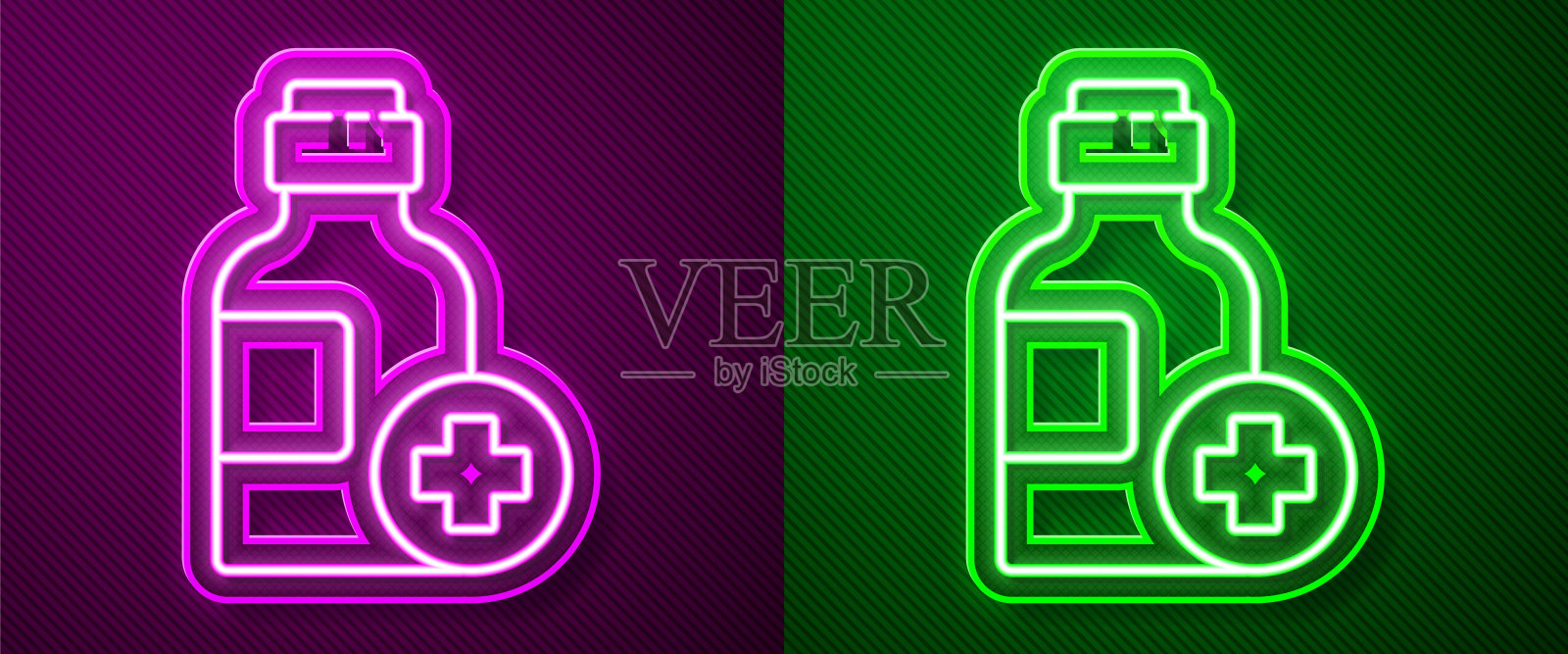 发光的霓虹灯线瓶药糖浆图标孤立在紫色和绿色的背景。矢量图插画图片素材