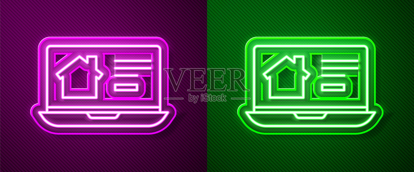 发光的霓虹灯线在笔记本电脑上的在线房地产房子图标孤立在紫色和绿色的背景。房屋贷款概念，租房，买房，买房。矢量图插画图片素材