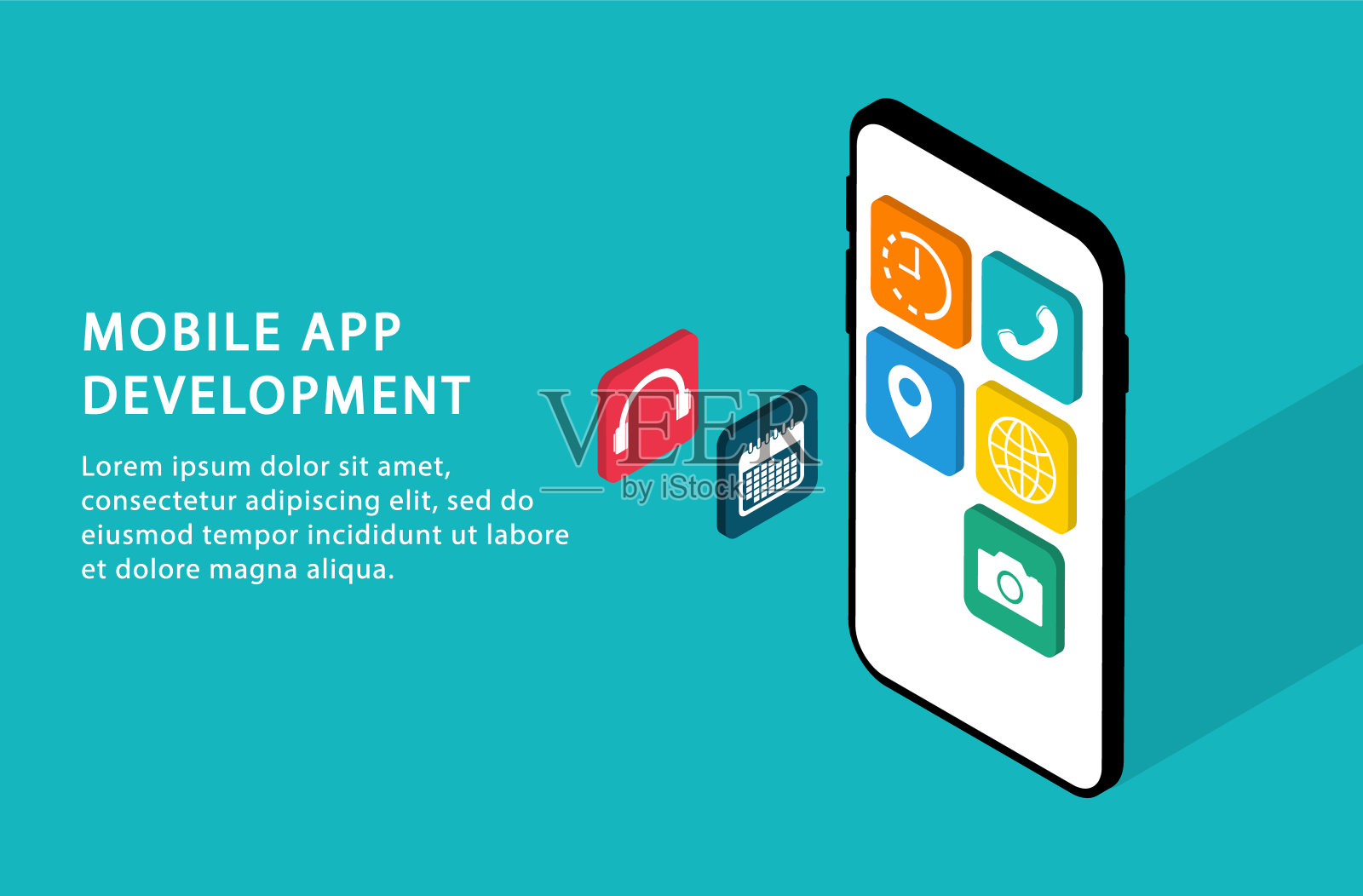 手机应用程序开发。开发用户界面。等距。现代网页的网站。插画图片素材