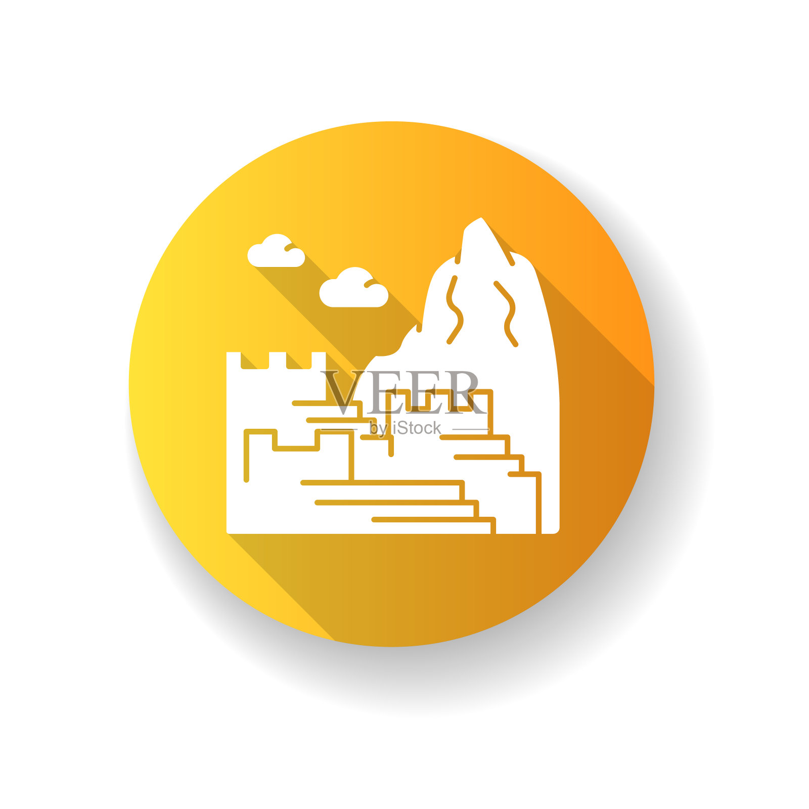 马丘比丘黄色扁平设计长阴影字形图标。山上的印加城堡。旅游景点。印度古老的文明纪念碑。剪影RGB彩色插图插画图片素材