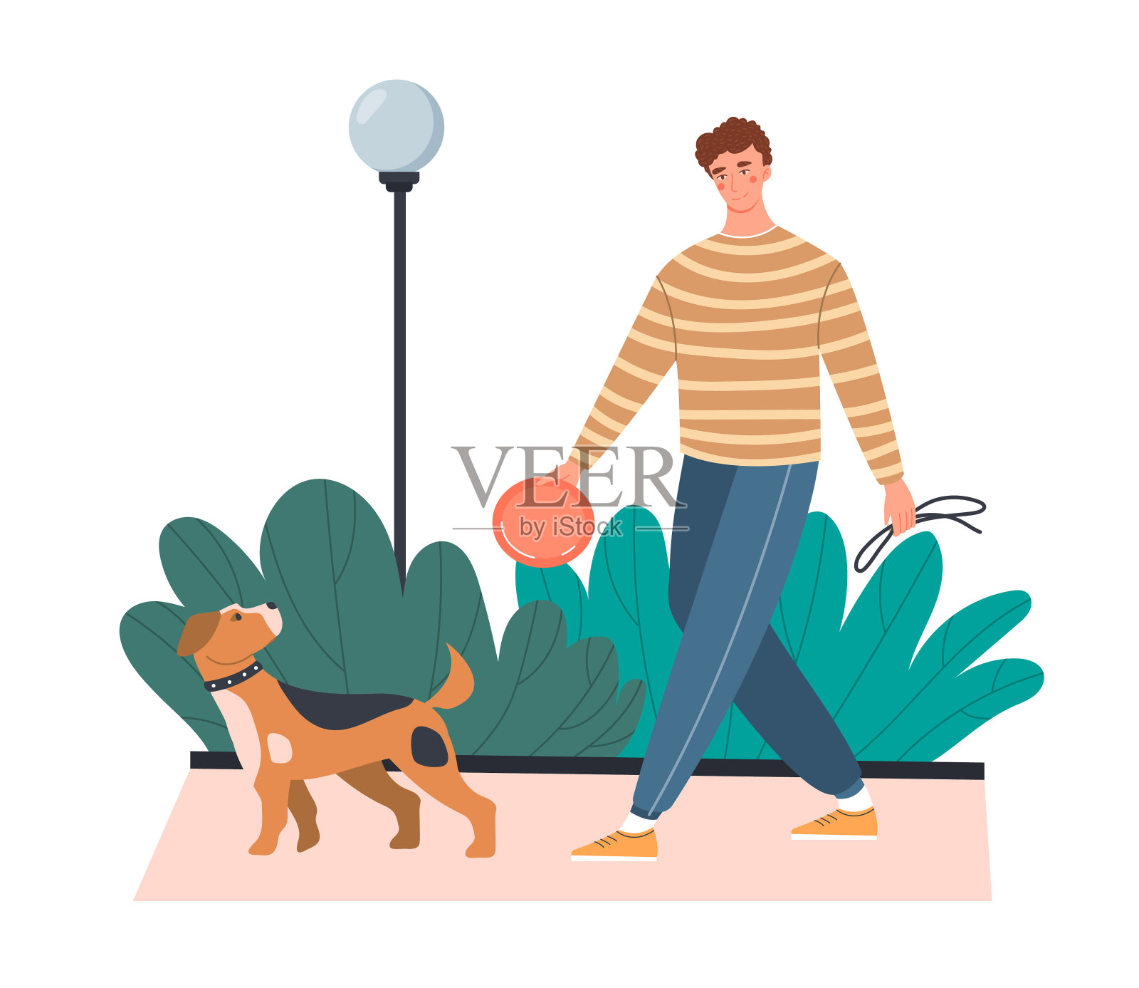 一个年轻人在遛狗插画图片素材