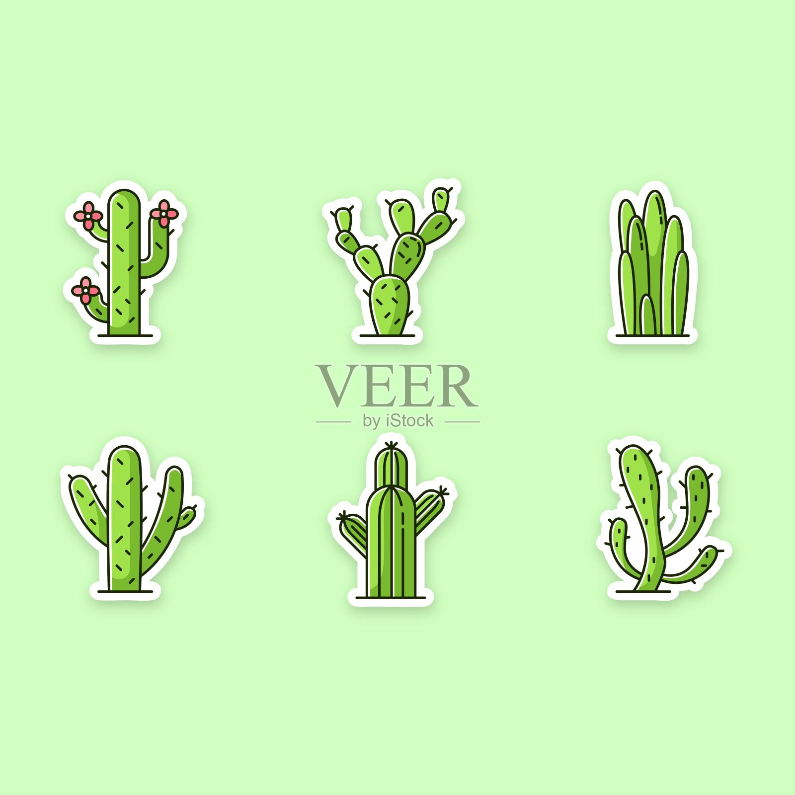 仙人掌可打印补丁。长有肉质树干的美洲沙漠植物。RGB彩色贴纸、别针、徽章套装。不同的多刺的肉质植物。干旱地区多刺的野花。向量孤立的插图设计元素图片