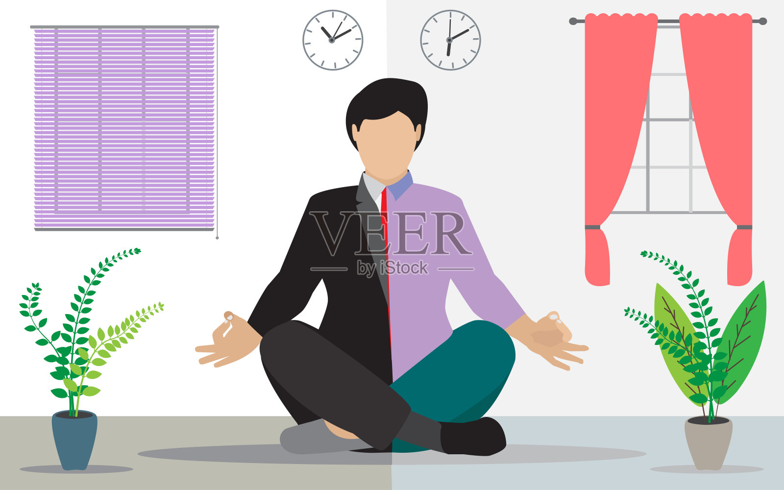 亚洲人的生活和工作平衡理念。年轻的女商人正在做瑜伽冥想。平衡生活在办公室和家印度矢量股票插图。插画图片素材