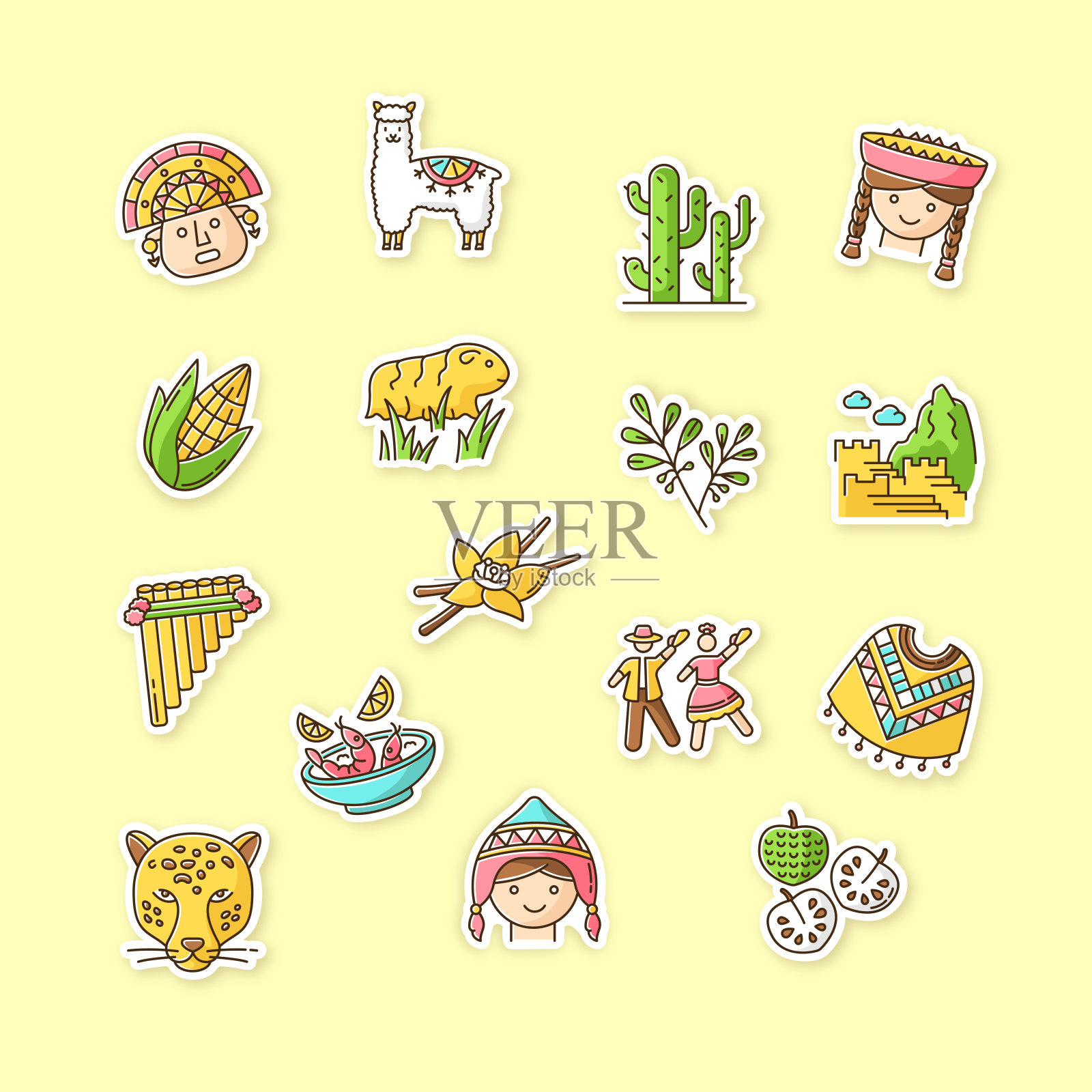 秘鲁打印补丁。秘鲁的风景，文化，自然。RGB彩色贴纸、别针和徽章套装。羊驼，豚鼠，西库，雨披，番荔枝，酸橘汁腌鱼，美洲虎。向量孤立的插图插画图片素材