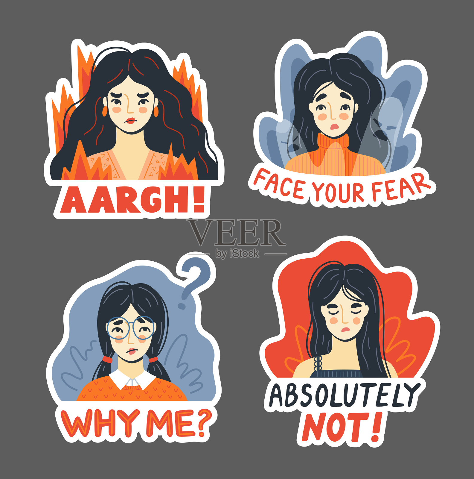 愤怒，愤怒，恐惧，愤怒，拒绝的概念。一组愤怒拒绝女人的肖像。表达负面情绪的年轻女孩。平面卡通矢量插图。设计元素图片