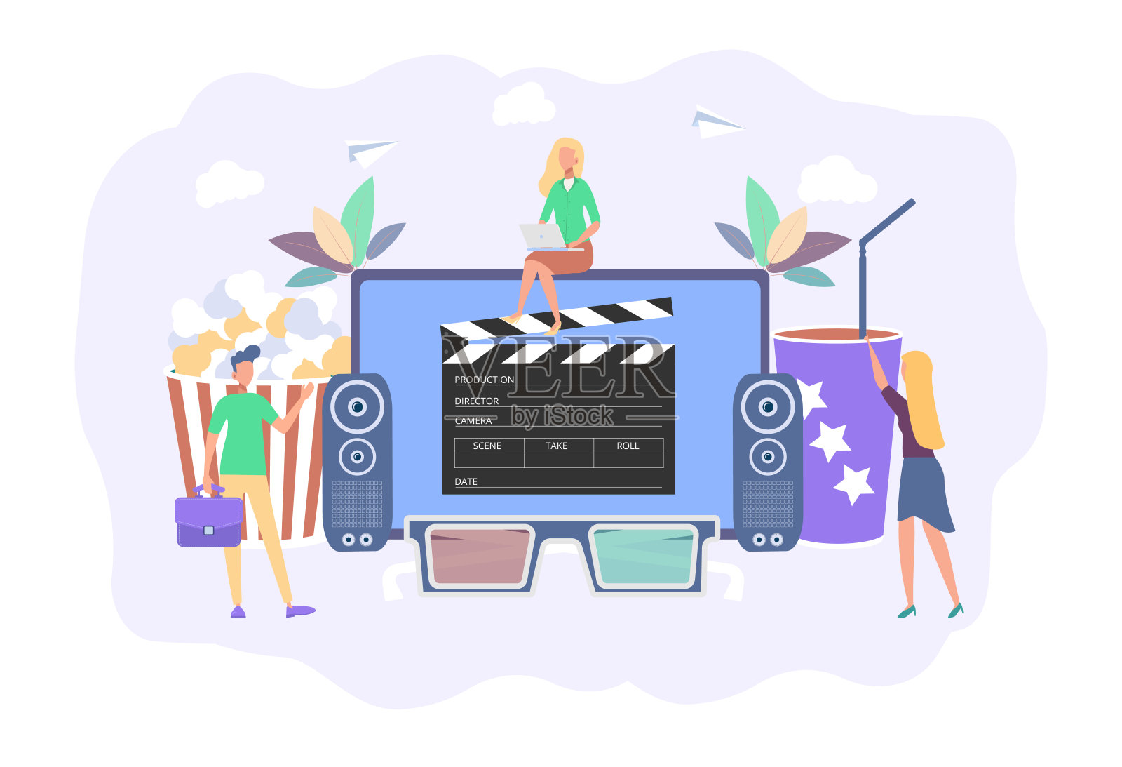 电影广告。用于爆米花、胶片和卷轴的桶。电影制作横幅。电影首映式。色彩斑斓的矢量图插画图片素材