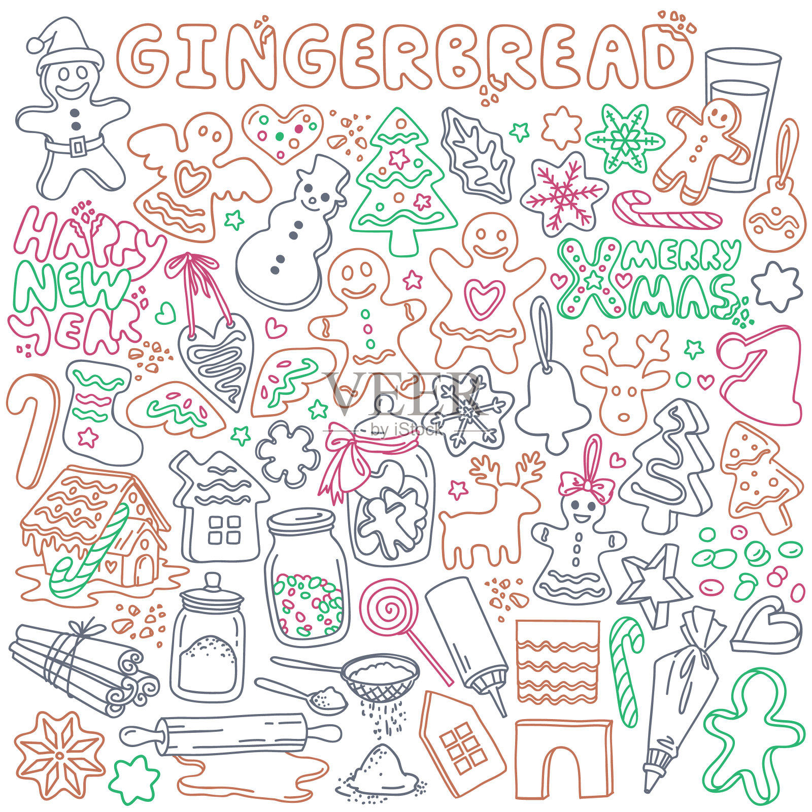 姜饼涂鸦集。传统的圣诞饼干和烘焙原料。插画图片素材