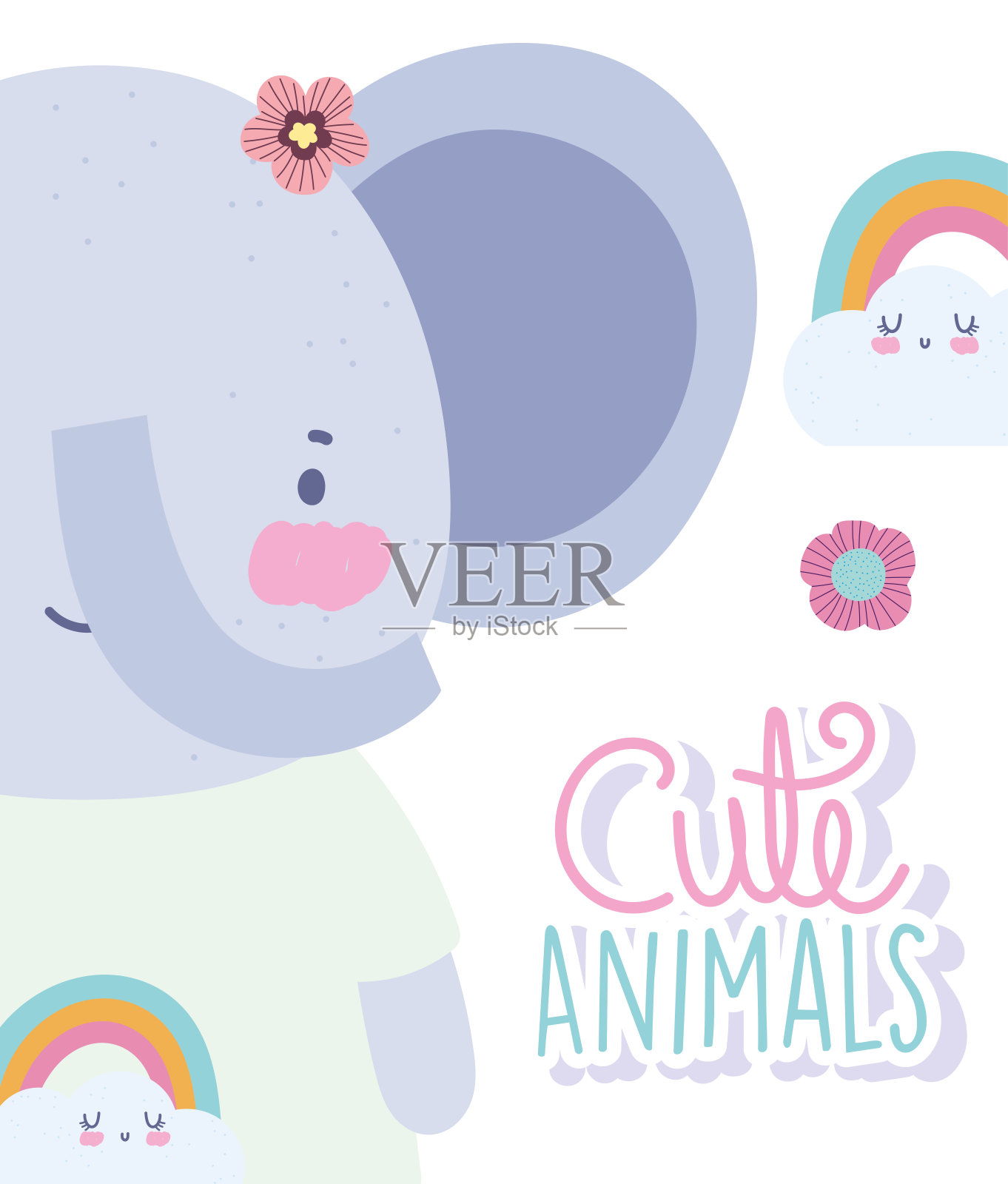 大象、彩虹、卡通、可爱的动物、人物、花朵、大自然的设计插画图片素材