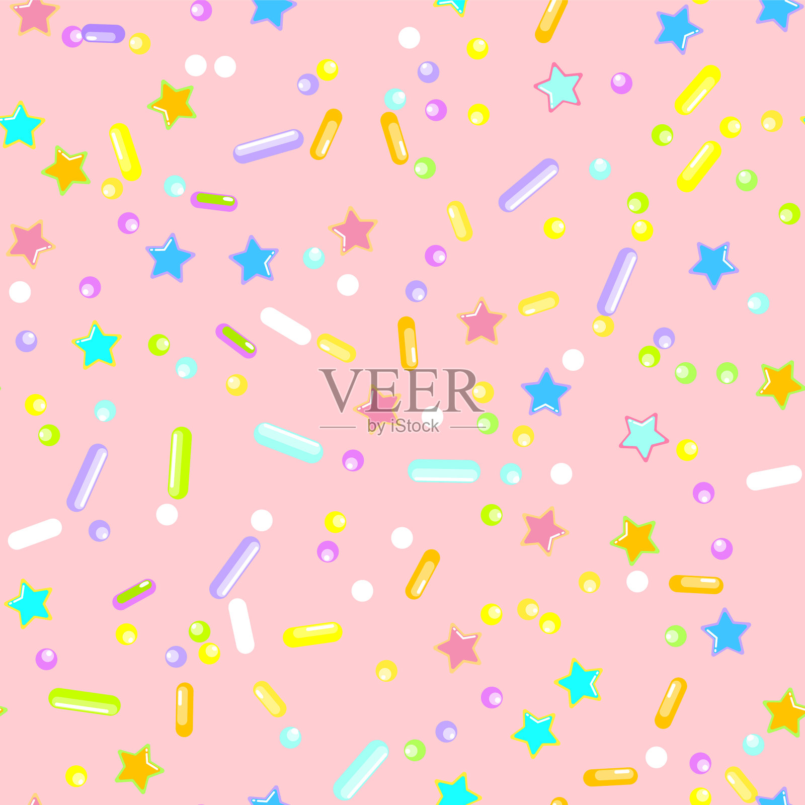 在纸杯蛋糕上撒上无缝图案的甜甜圈插画图片素材