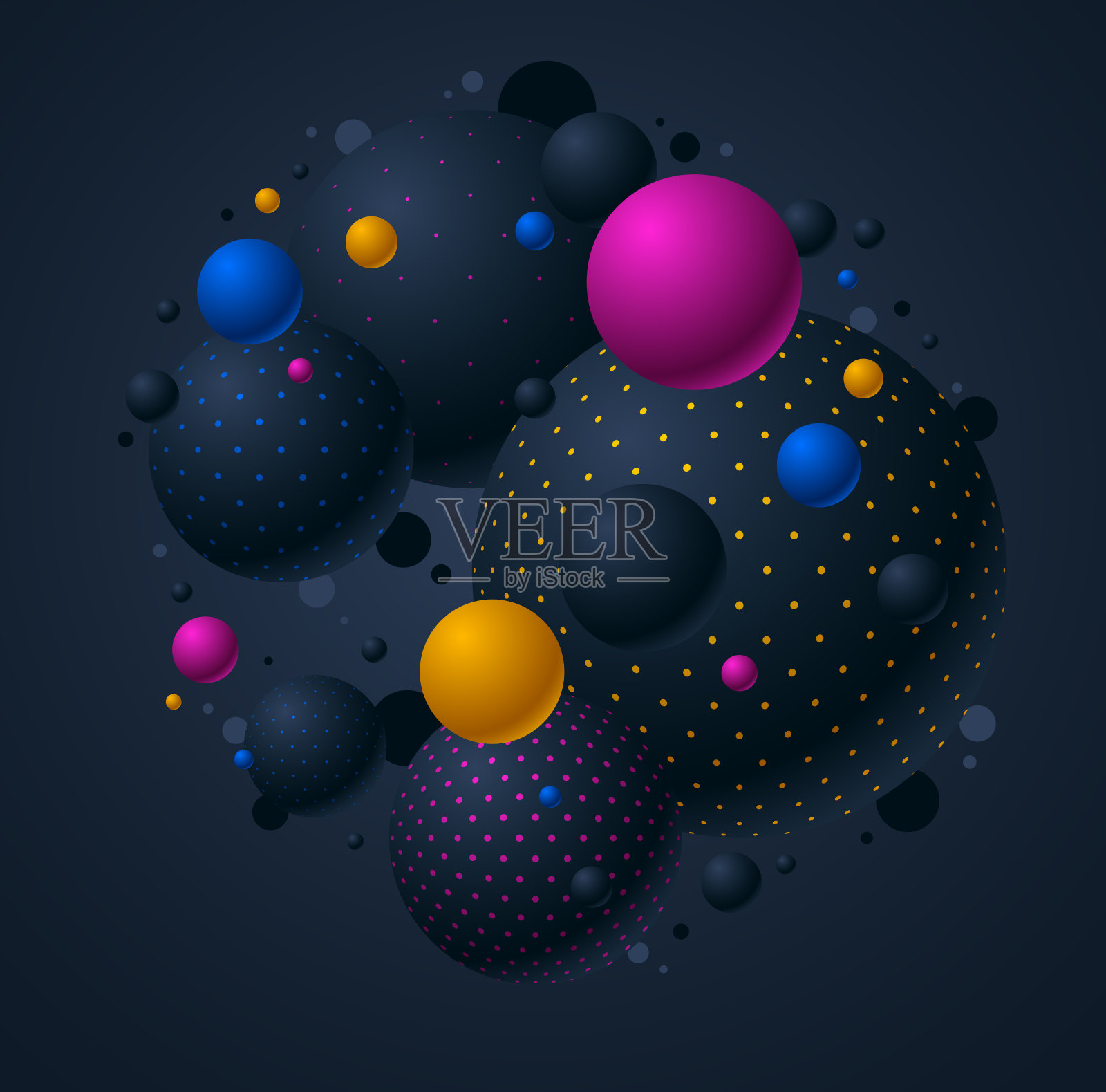 抽象的黑色和彩色点球矢量背景，组成飞行球装饰点，3D混合球插画图片素材