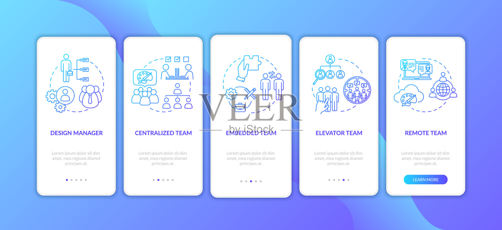 带有概念设置的手机应用页面屏幕上的团队类型。专业集团。协作工作演练5个步骤图形说明。UI矢量模板与RGB颜色的插图插画图片素材