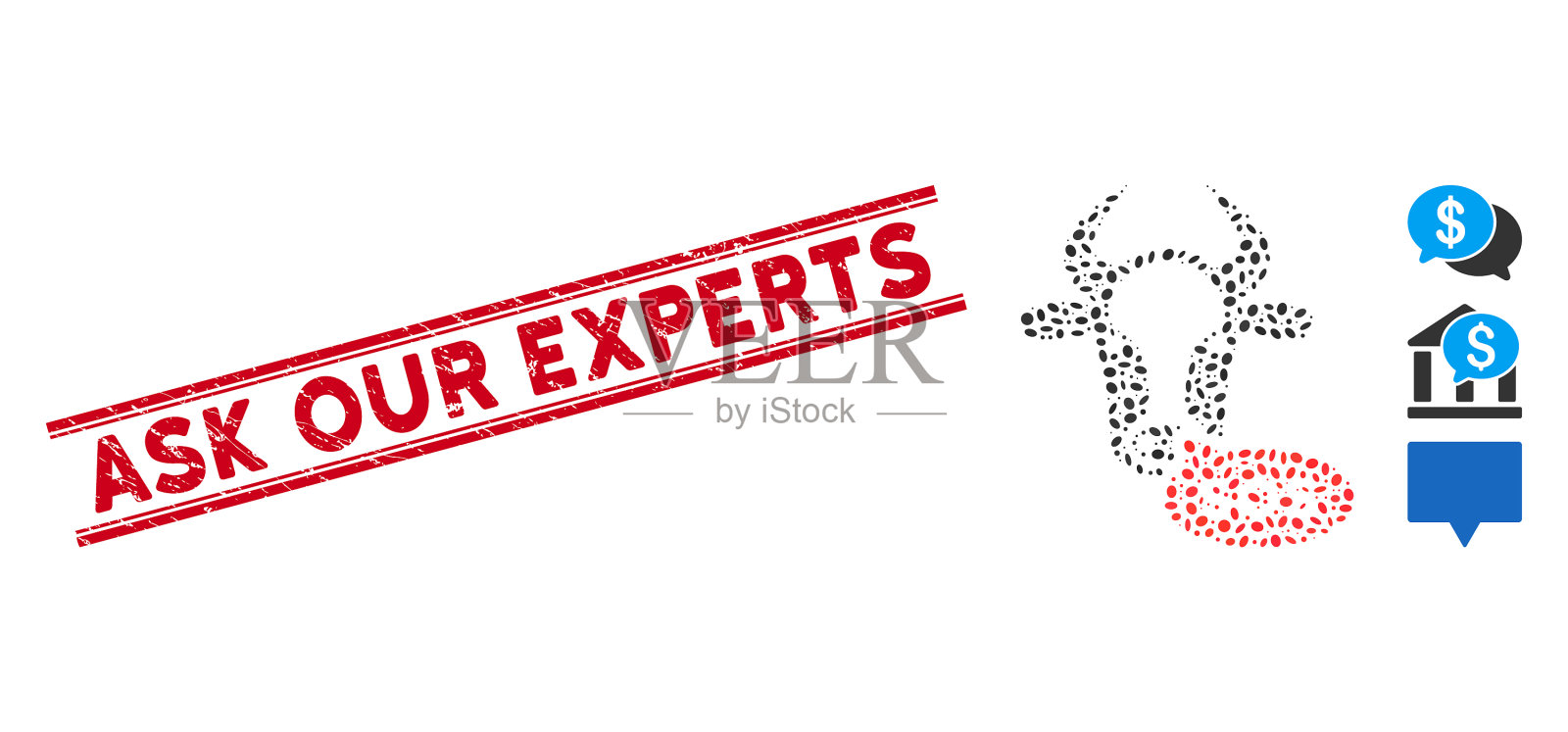 苦恼请我们的专家行邮票和马赛克牛插画图片素材