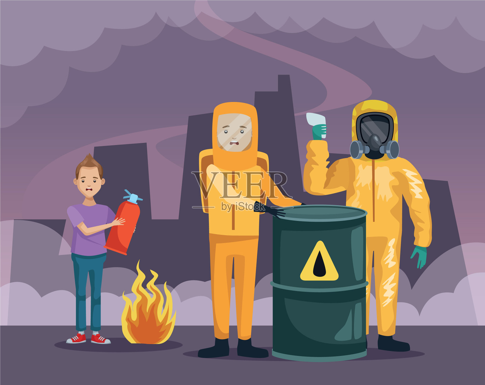 穿工作服的工人和用火的男孩插画图片素材