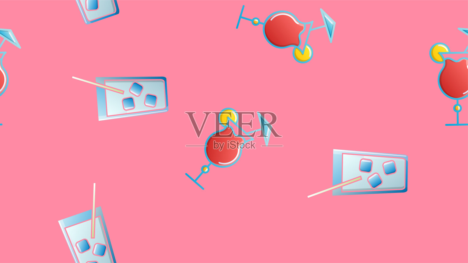 无尽的无缝图案美丽的玻璃杯与美味的酒精鸡尾酒，冰和吸管柠檬和啤酒在一个粉红色的背景。矢量图插画图片素材