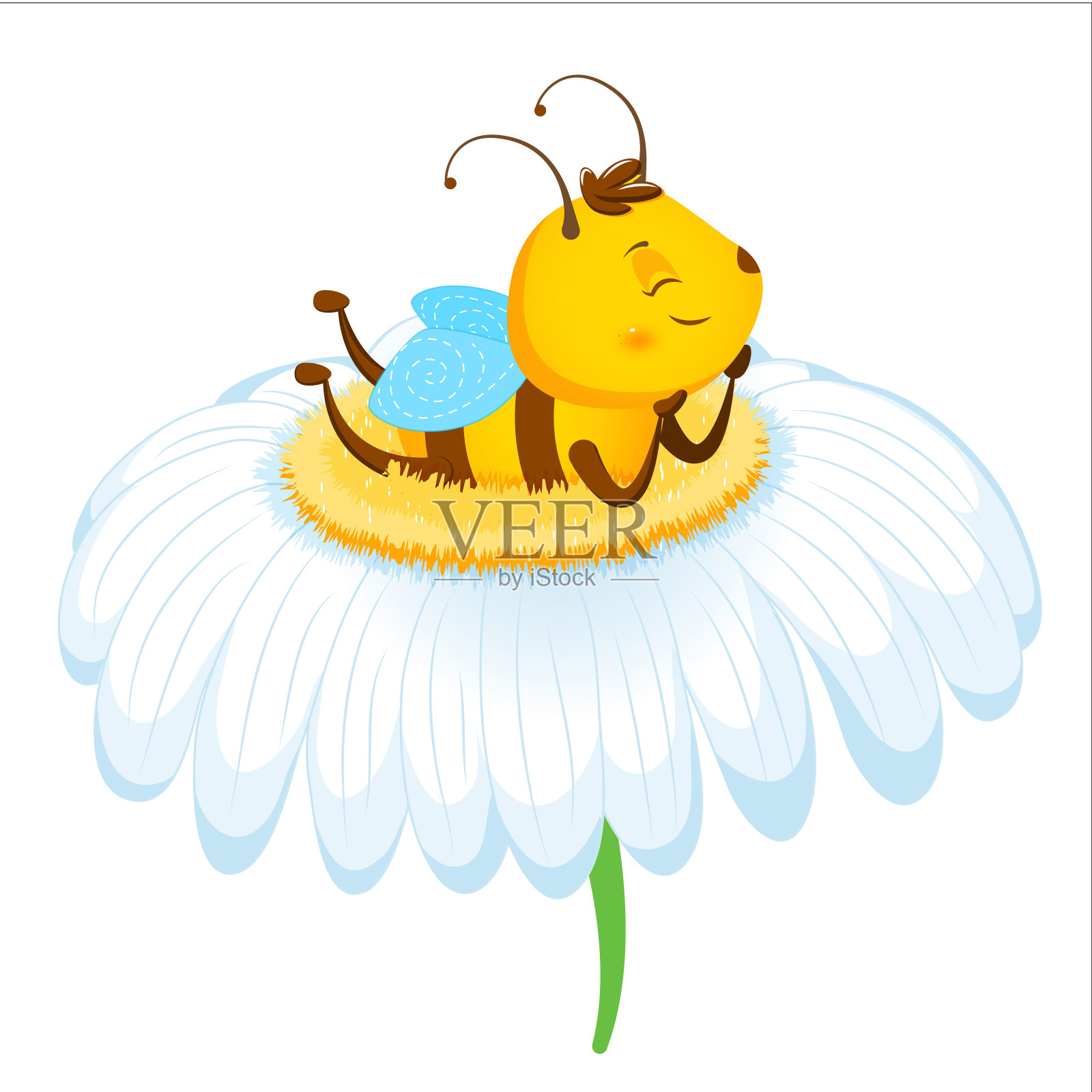 可爱的卡通蜜蜂躺在甘菊上。儿童插图。设计元素图片