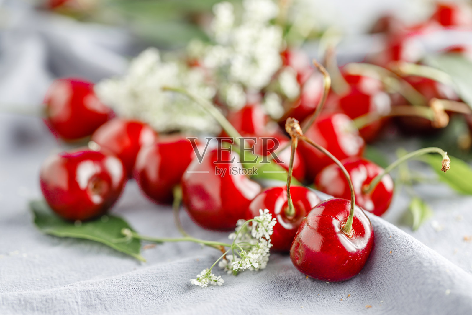 成熟的樱桃立在白色的木质背景上。散落的浆果和樱桃叶在木质的白色背景上。照片摄影图片