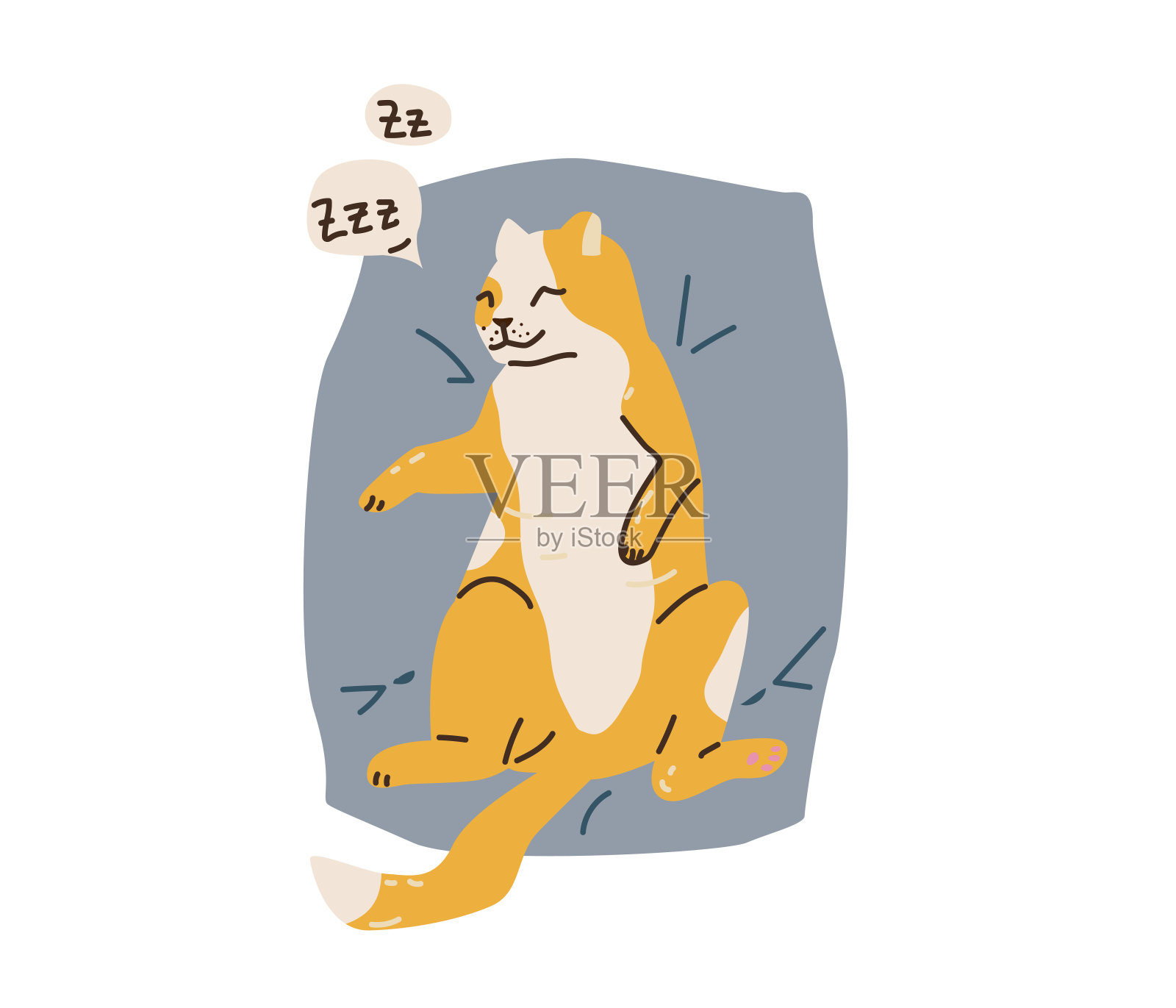 可爱的橙色和白色斑点的猫睡在灰色的枕头上。鼾声字母在气泡元素。矢量插图在简单的卡通平面风格。在白色背景上隔离设计元素图片