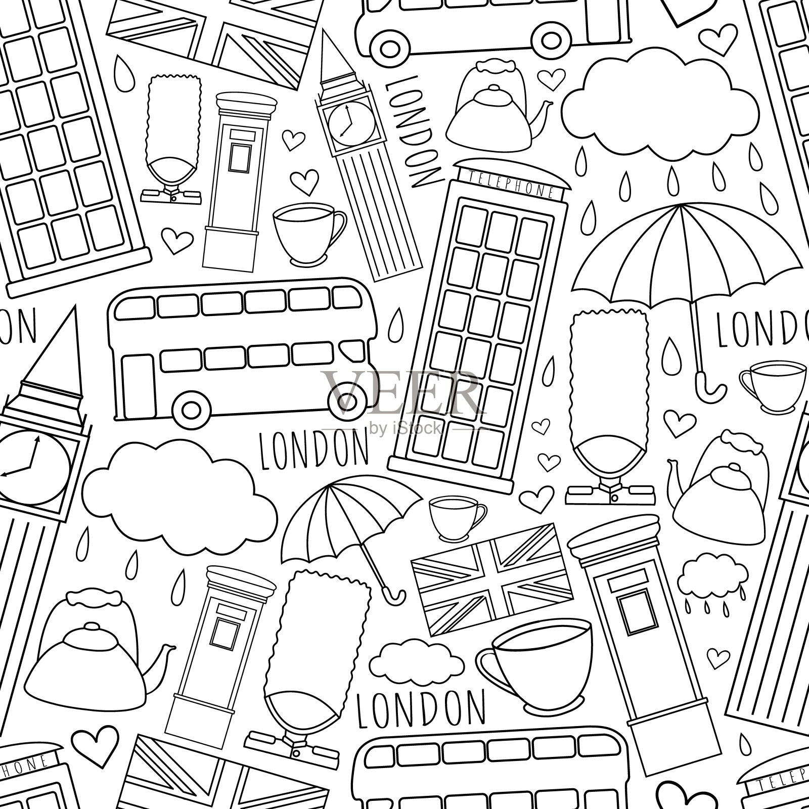 向量集合的伦敦符号。欢迎来到伦敦。手绘矢量无缝模式与大本钟和电话亭。插画图片素材