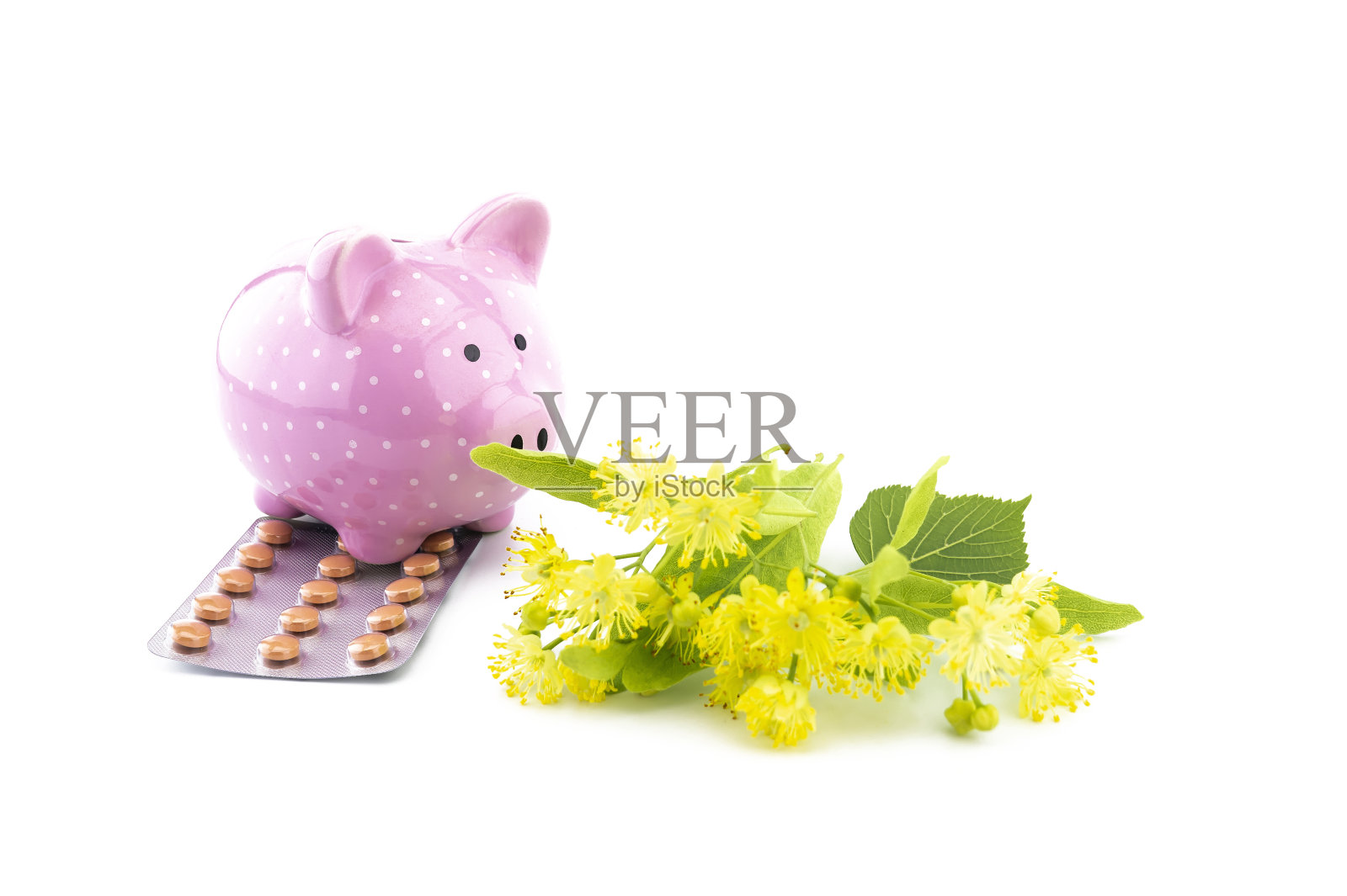 陶瓷储蓄罐片和菩提花照片摄影图片