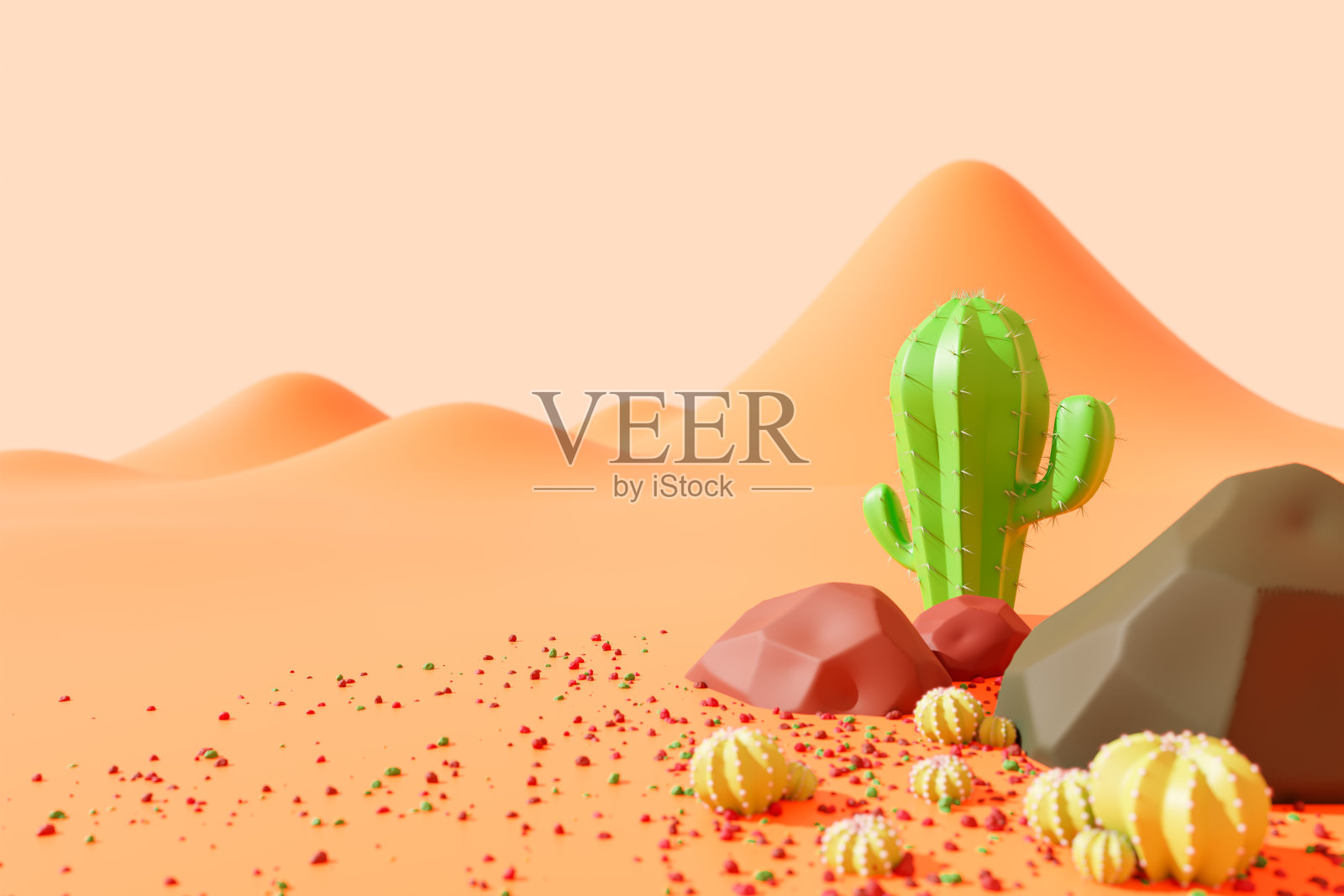 在西部国家闷热的沙漠上的仙人掌和岩石。插画图片素材