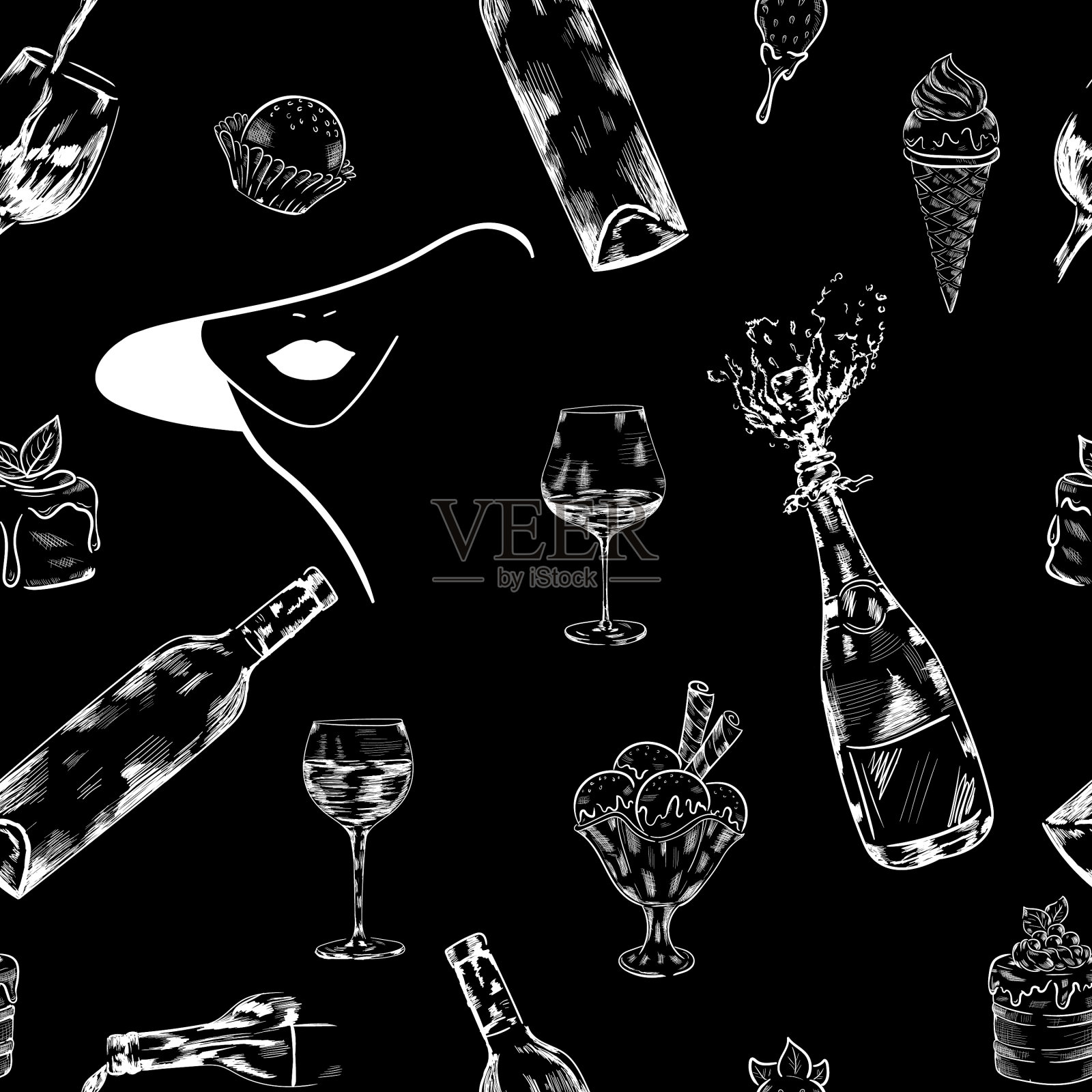 女人喝白垩酒无缝图案插画图片素材