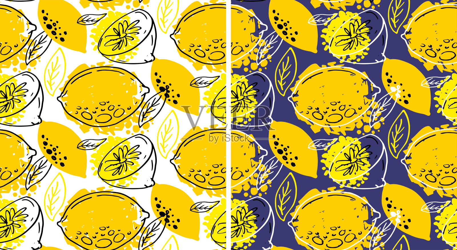 手绘涂鸦图案背景-柑橘，柠檬，青柠，橙。柠檬水图案背景织物。插画图片素材