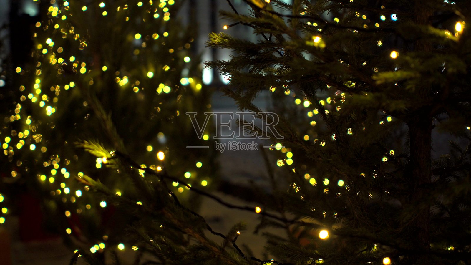 可爱的小圣诞树装饰模糊的黄色发光花环圣诞市场摊位的背景照片摄影图片