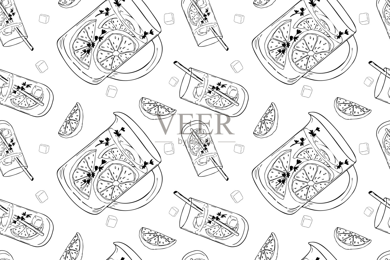 莫吉托鸡尾酒与冰块，树叶和酸橙无缝搭配。矢量插图素描风格的餐厅菜单和酒单，打印背景，纸张，纺织品，壁纸，纹理插画图片素材