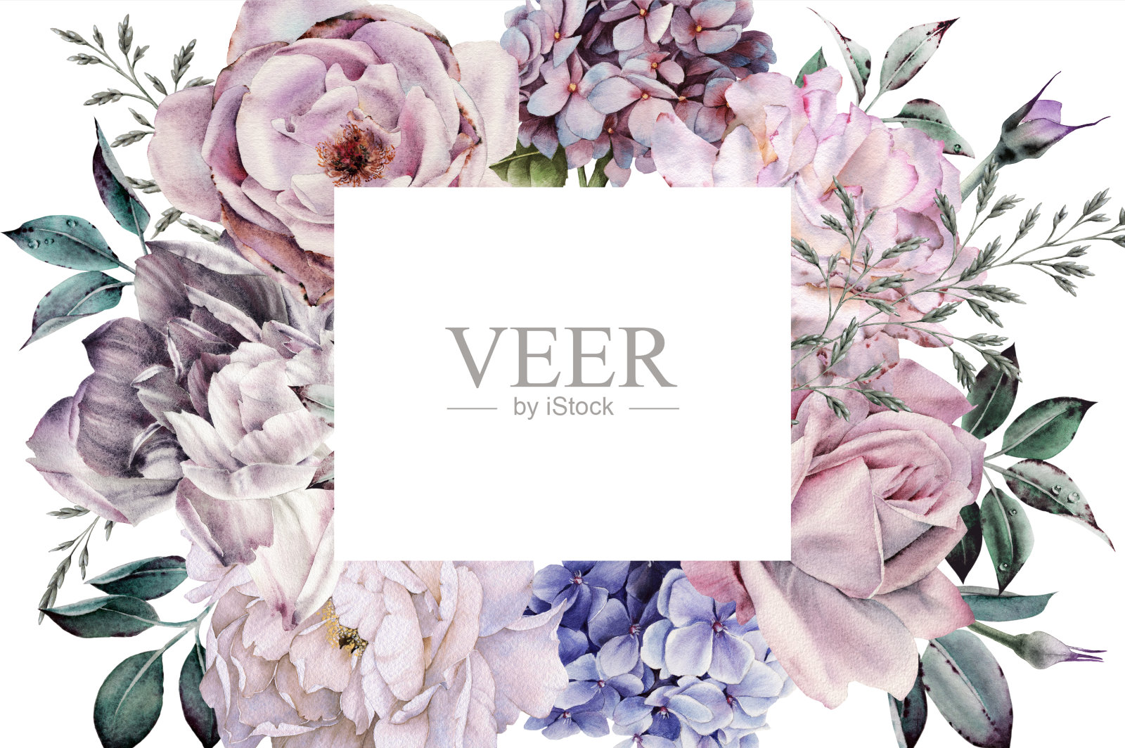 玫瑰鲜花贺卡，可作为婚礼、生日等节假日和夏季背景的请帖。植物的艺术。水彩插画图片素材