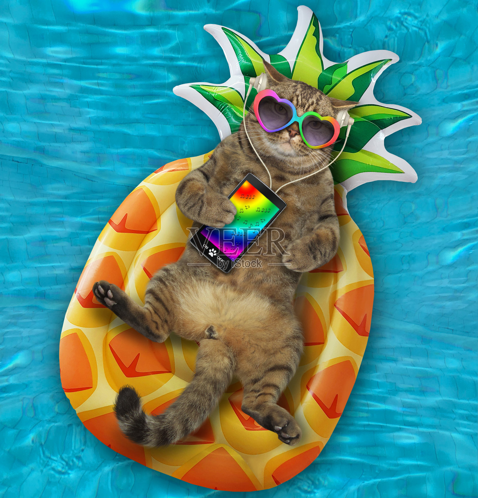 猫咪用充气菠萝听音乐照片摄影图片