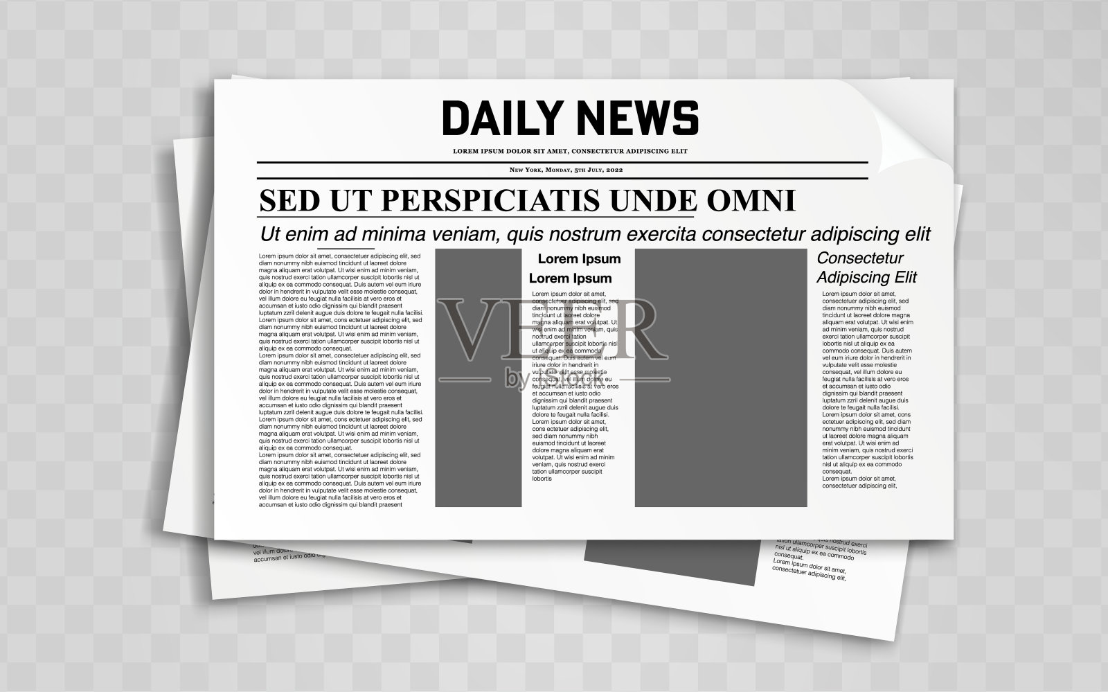 每日新闻报纸孤立透明背景，矢量插图。头版，标题，标题和文本栏，报纸模型插图。平面设计元素，媒体文章。插画图片素材