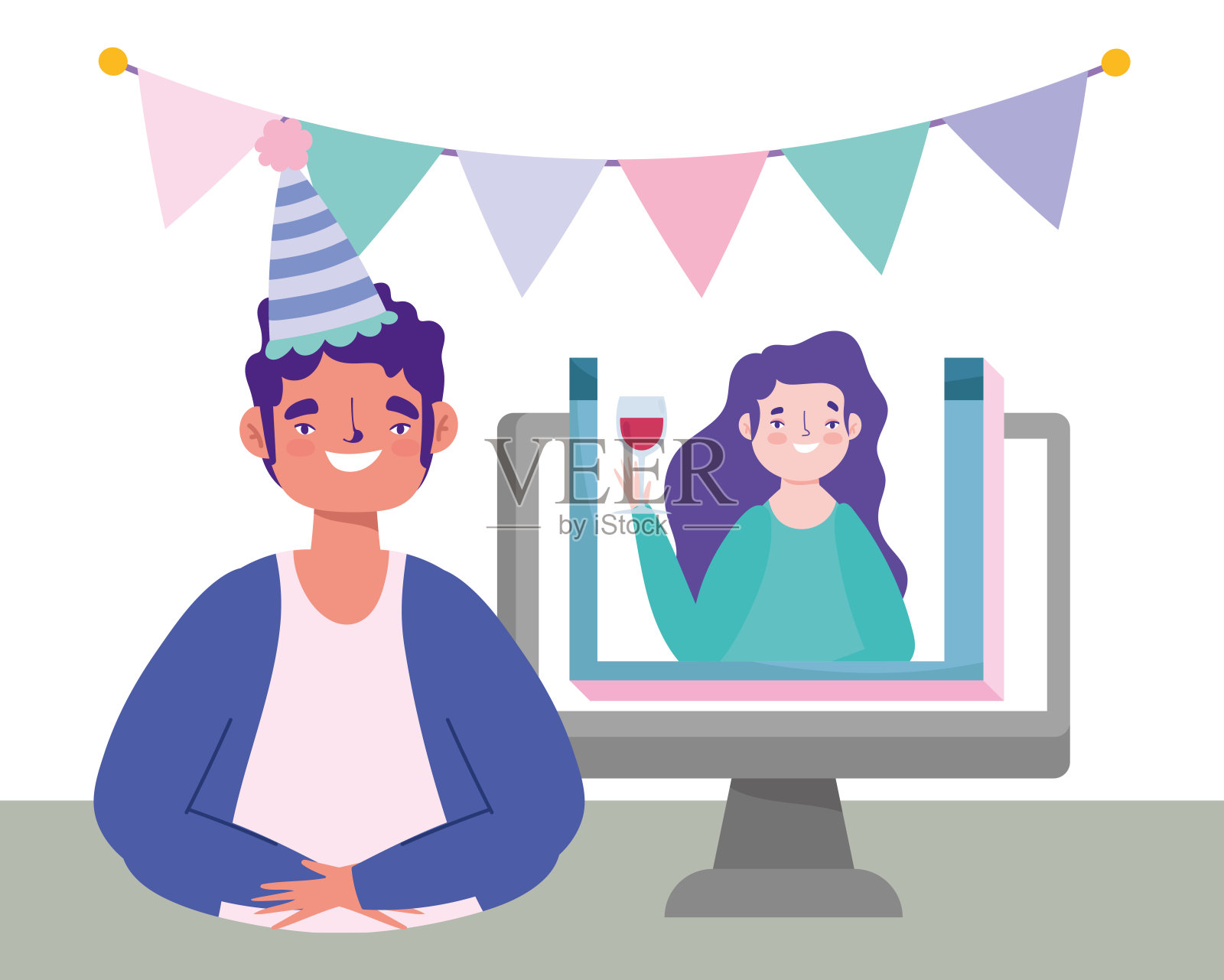 网上聚会，生日聚会或朋友聚会，男女聊天视频电脑庆祝插画图片素材