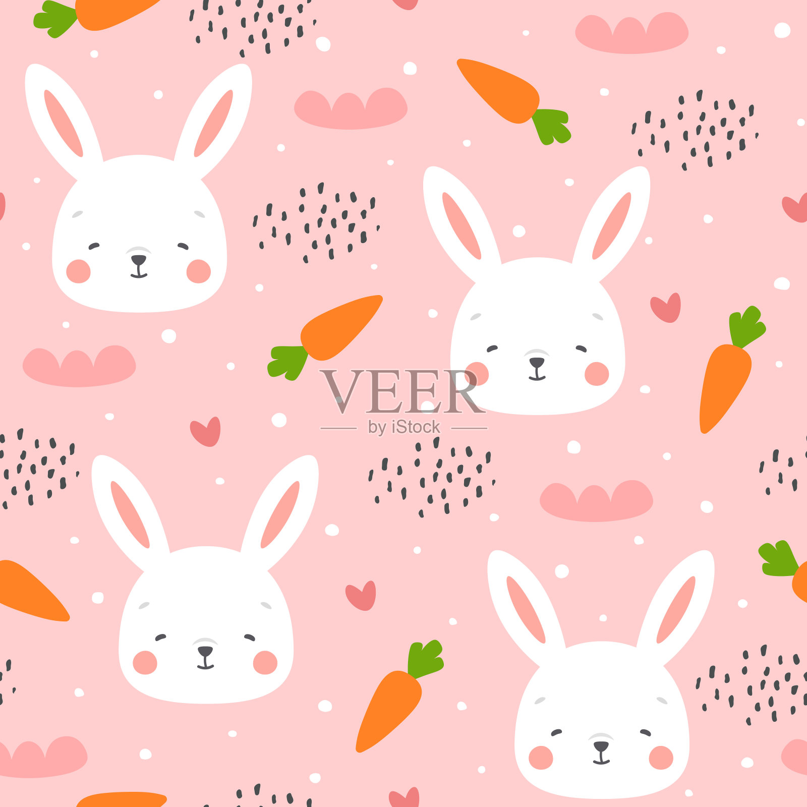 兔子和小鸡无缝图案背景，斯堪的纳维亚快乐兔子与云插画图片素材