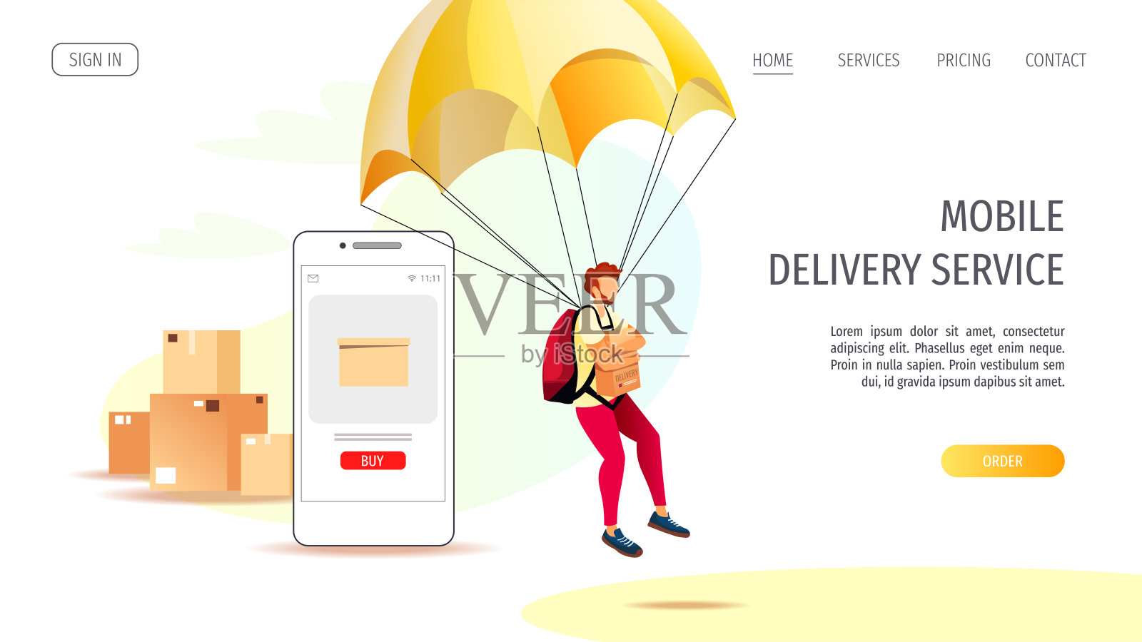 网页设计为送货服务，在线订购，送货员，货物运输。智能手机和快递用降落伞带着一个盒子。插画图片素材