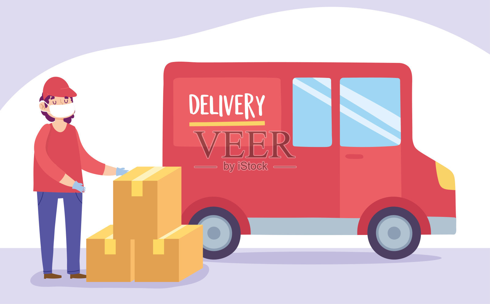 2019冠状病毒病期间，快递员带着口罩用卡车运输插画图片素材