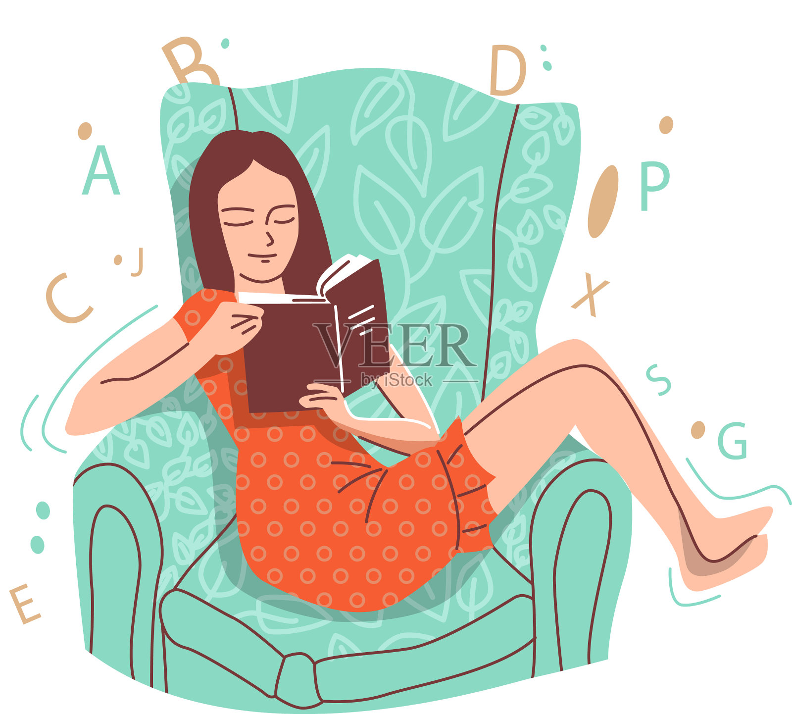 一个女孩坐在扶手椅上看书设计元素图片