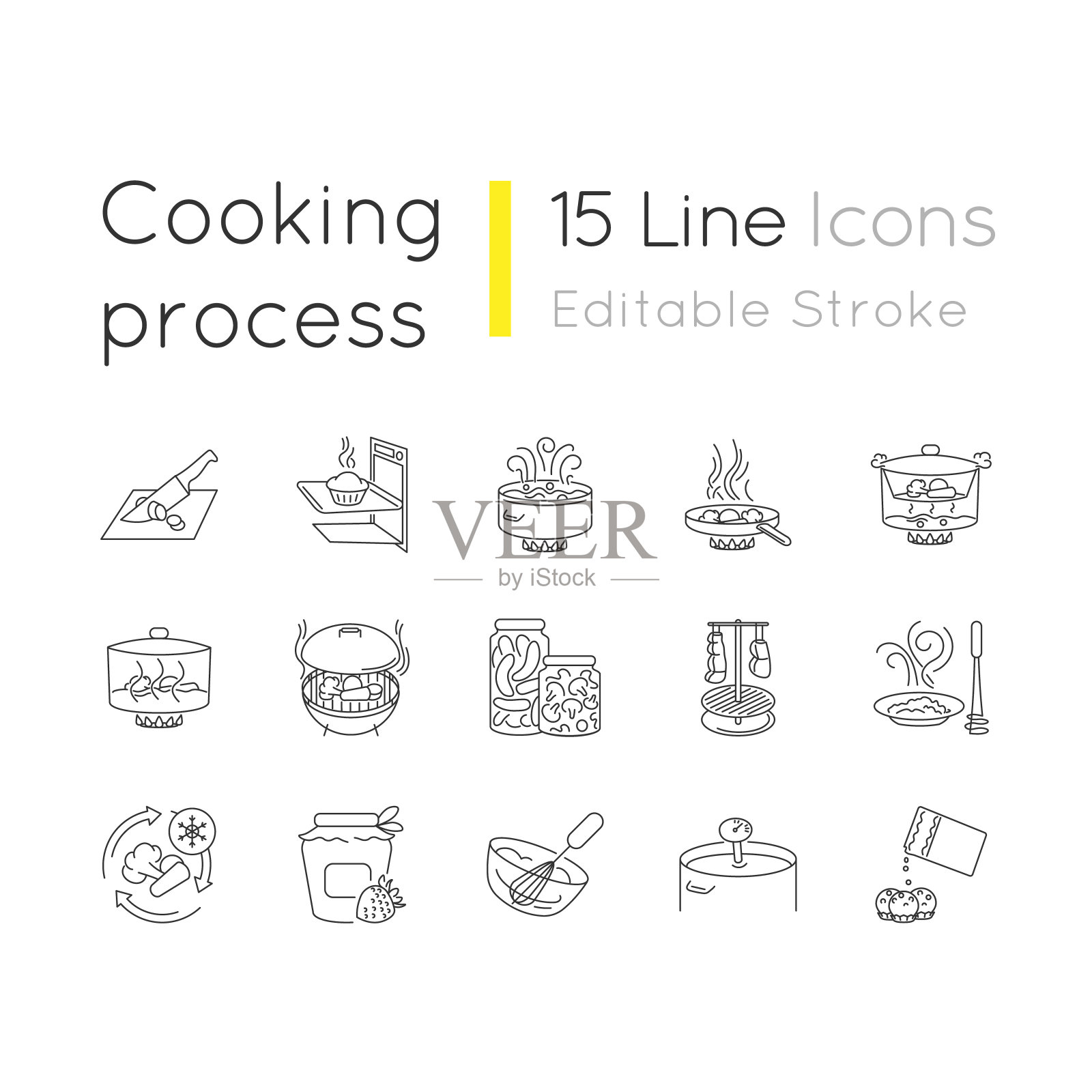 烹饪过程像素完美线性图标集。不同的食物制备方法，烹饪技巧可定制细线轮廓符号。孤立矢量大纲插图。可编辑的中风图标素材