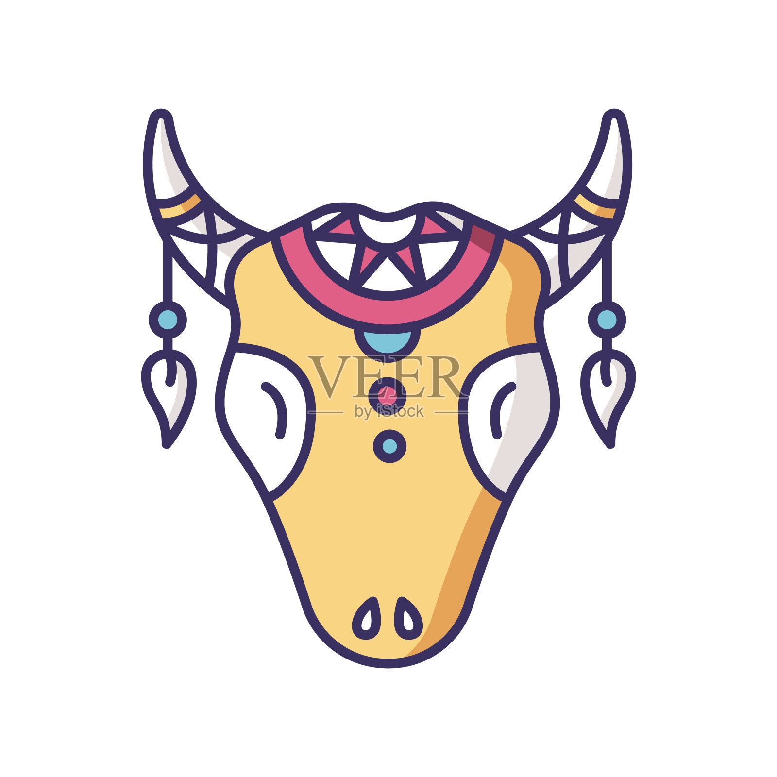 部落牛头RGB颜色图标。有羽毛的牛头骨，波西米亚风格的美洲印第安人象征。野兽头，部落神秘护身符。孤立的矢量图插画图片素材